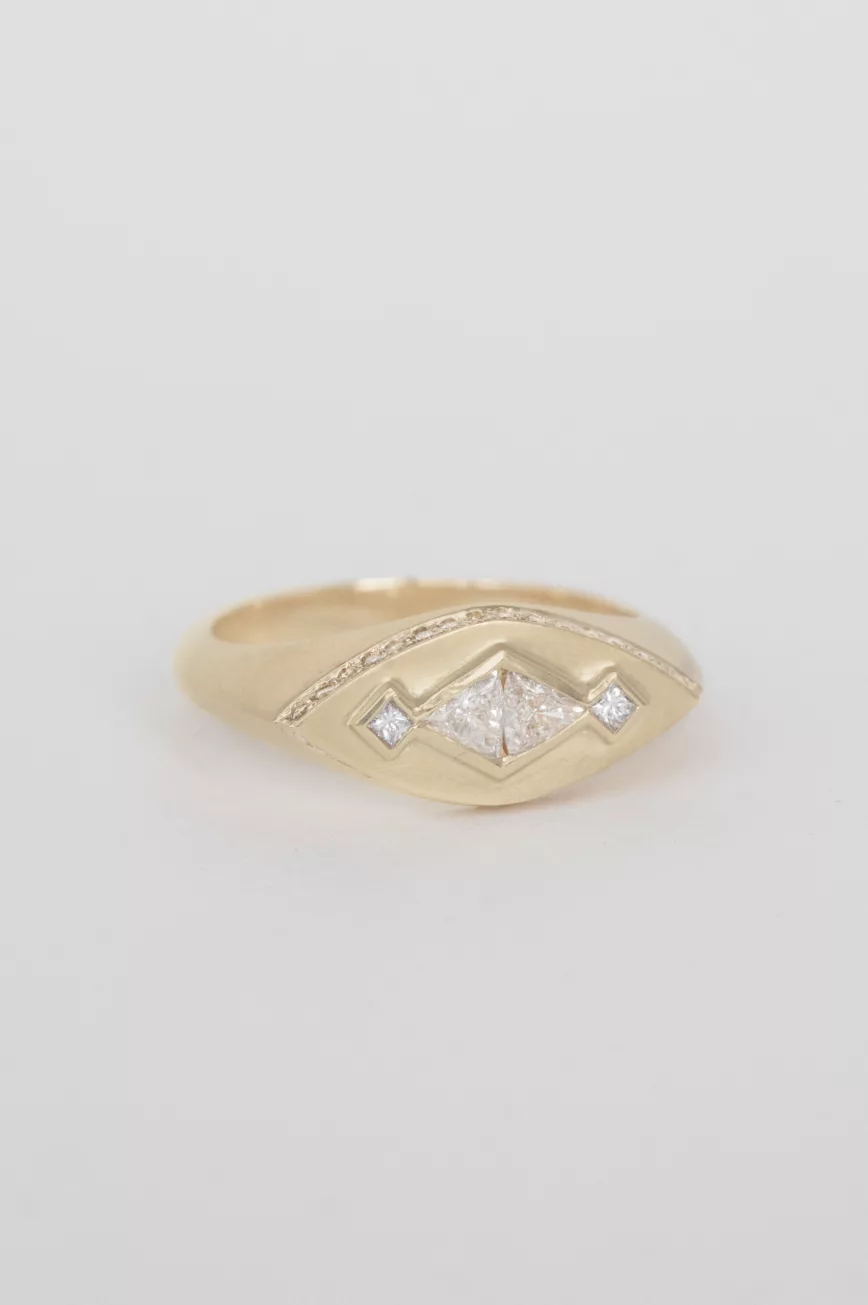 Yellow gold signet ring geometric diamond pyramid motif pavé band Celine Daoust