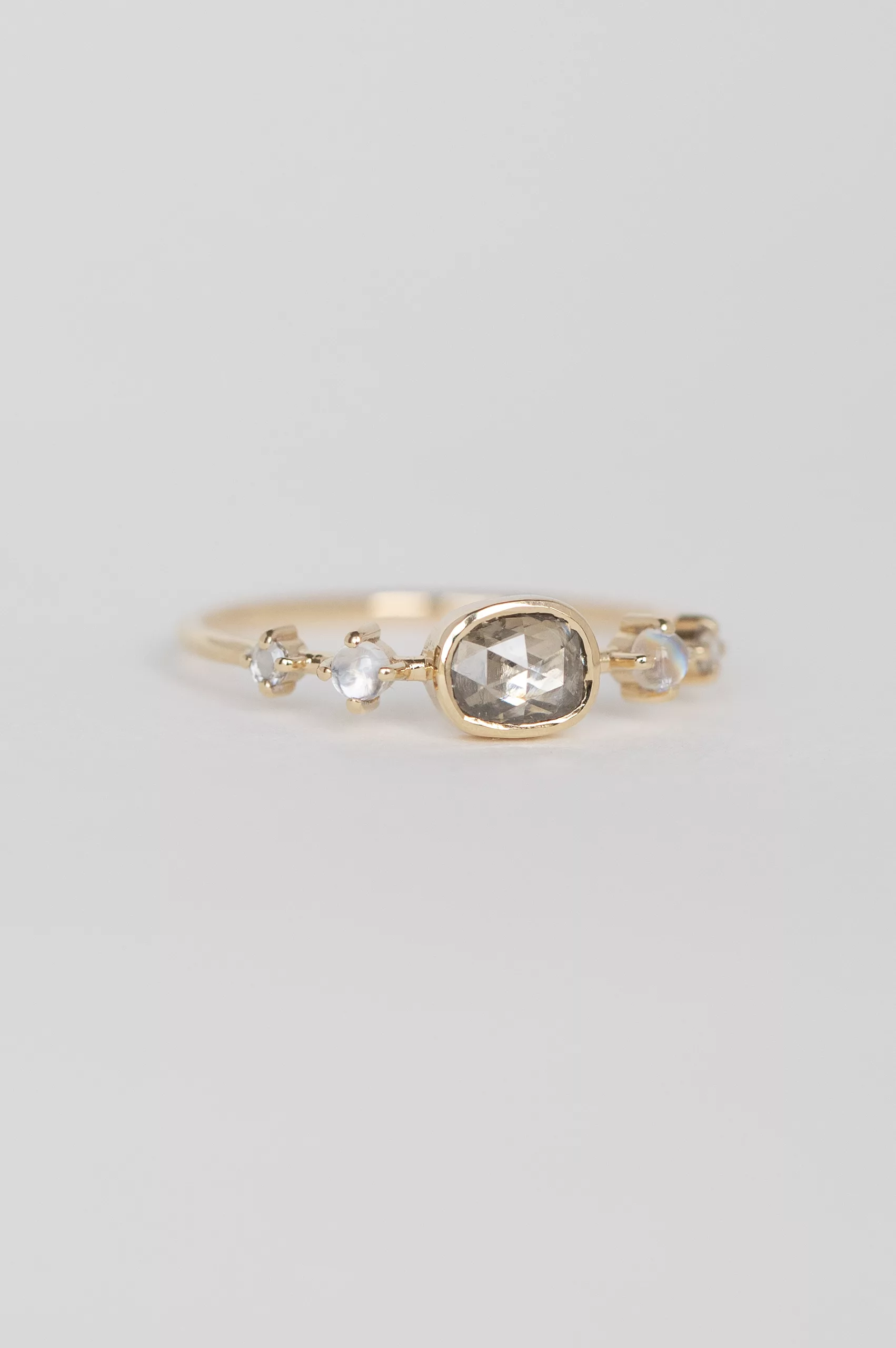 Yellow gold ring cushion champagne diamond moonstone diamond accents Celine Daoust