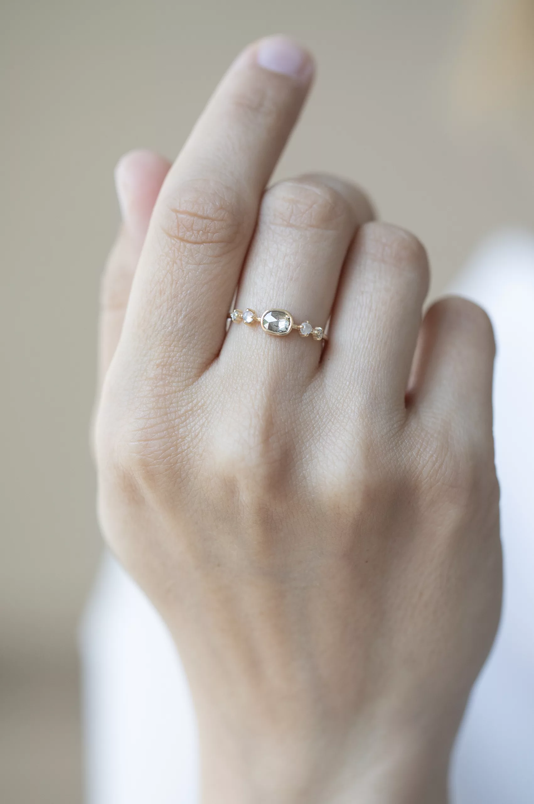 Yellow gold ring cushion champagne diamond moonstone diamond accents Celine Daoust
