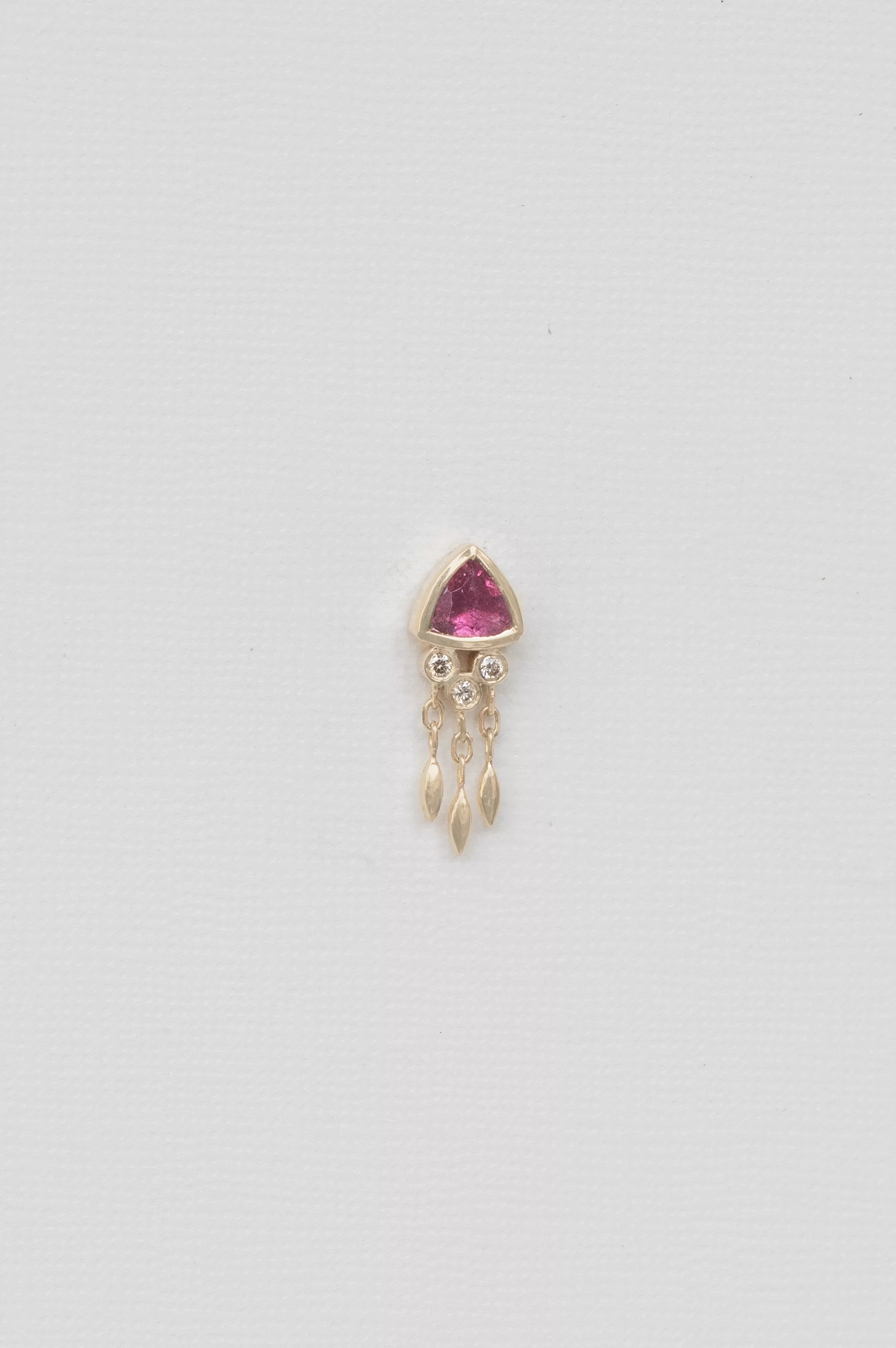 Yellow gold single drop earring trillion pink spinel dangling diamond fringe Celine Daoust