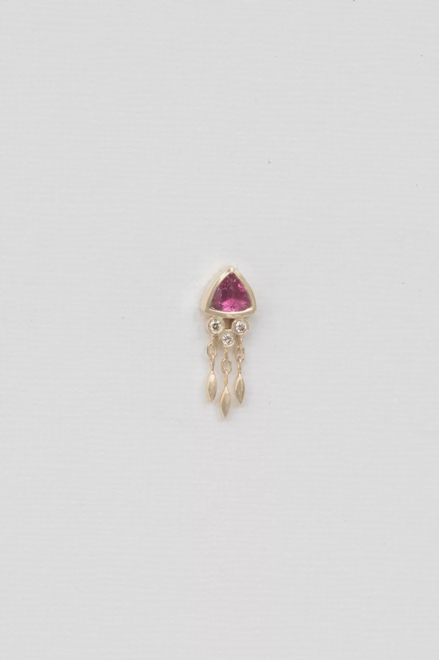 Yellow gold single drop earring trillion pink spinel dangling diamond fringe Celine Daoust