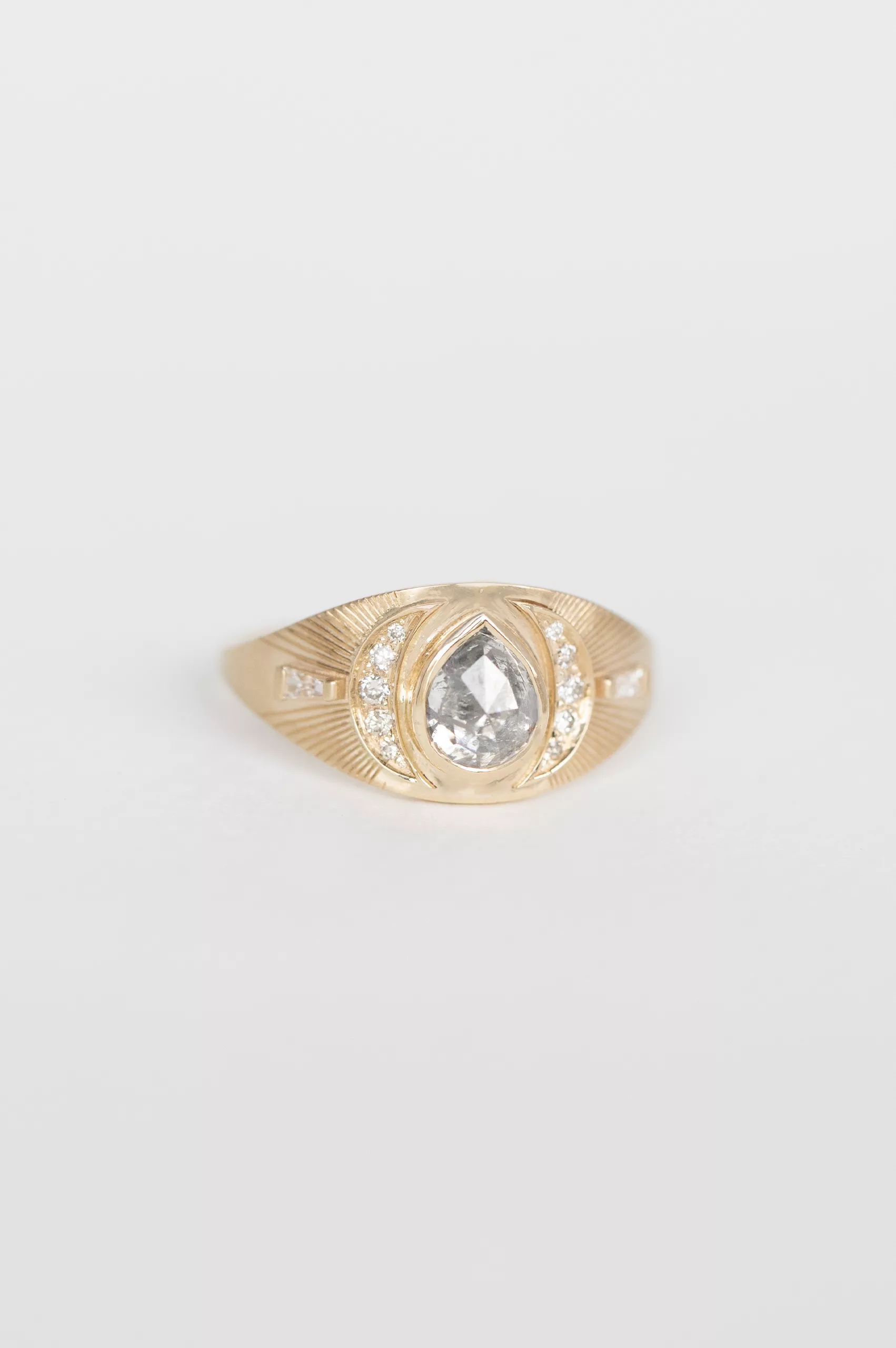 Yellow gold signet ring pear grey diamond engraved moon motifs Celine Daoust