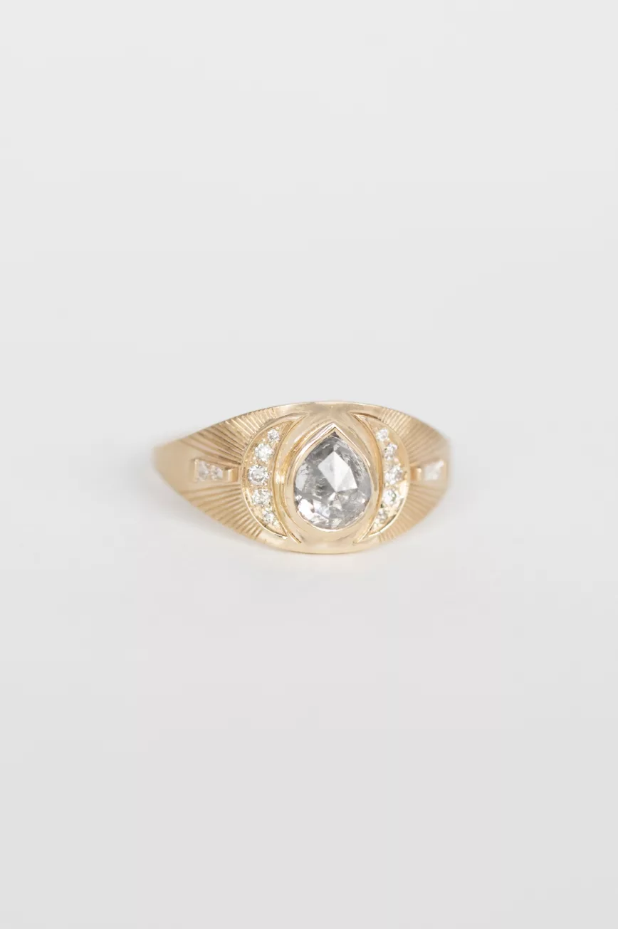 Yellow gold signet ring pear grey diamond engraved moon motifs Celine Daoust