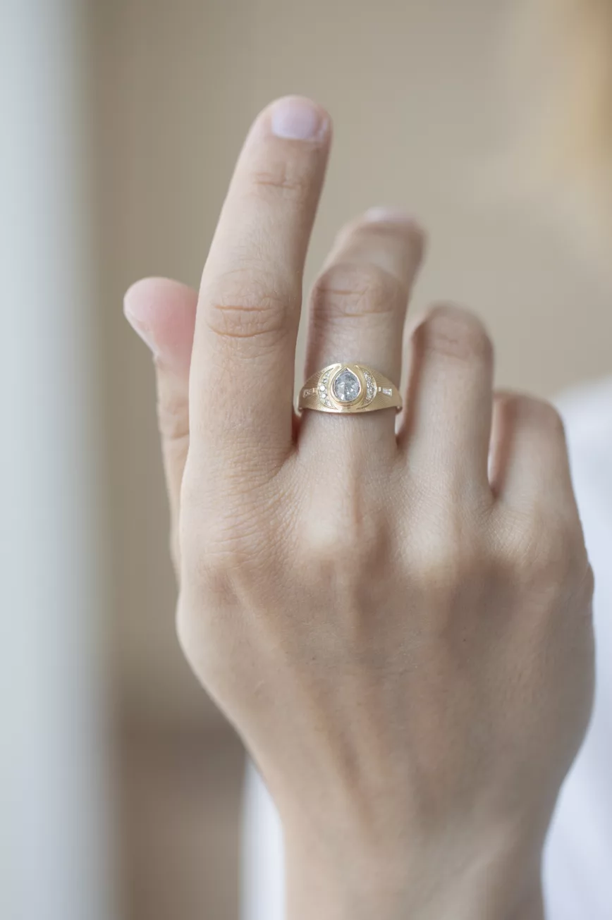 Yellow gold signet ring pear grey diamond engraved moon motifs Celine Daoust