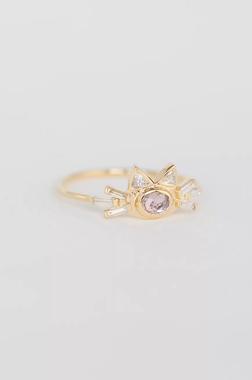 Yellow gold ring oval light pink tourmaline cat ear baguette diamond motif Celine Daoust