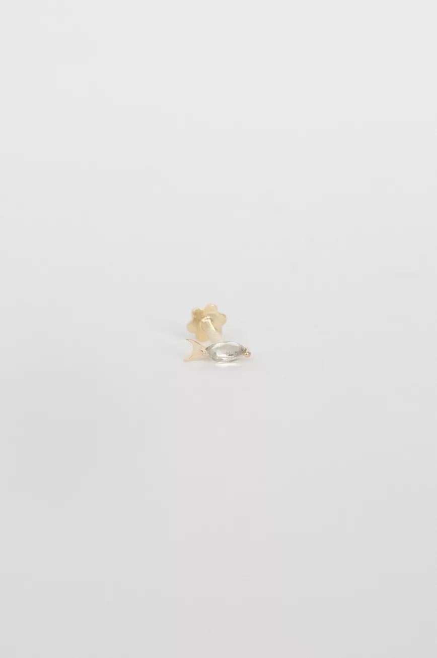 Yellow gold flat back piercing sculpted fish motif crystal tourmaline accent Celine Daoust