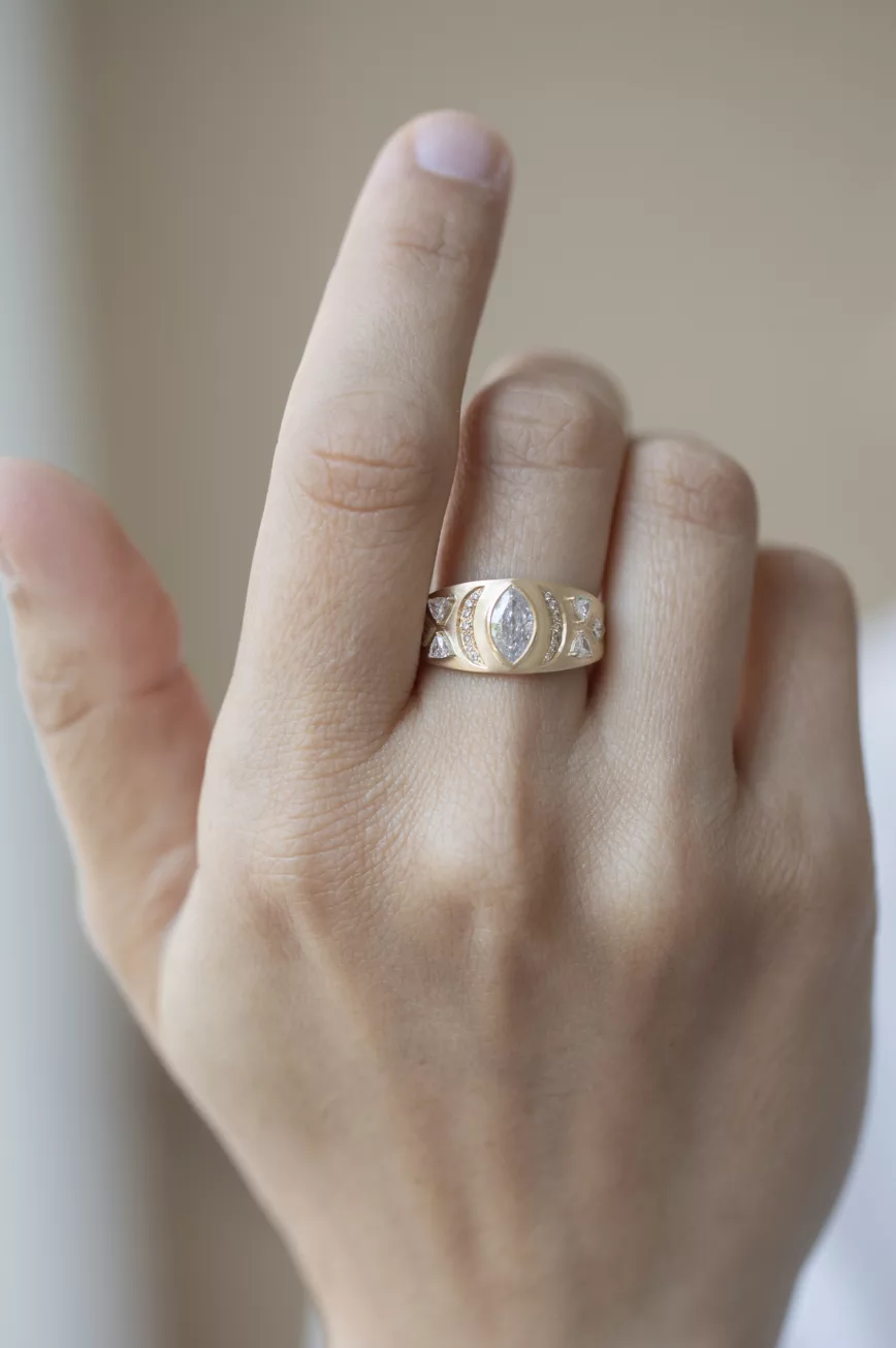 Yellow gold signet ring marquise diamond geometric engraved motif Céline Daoust