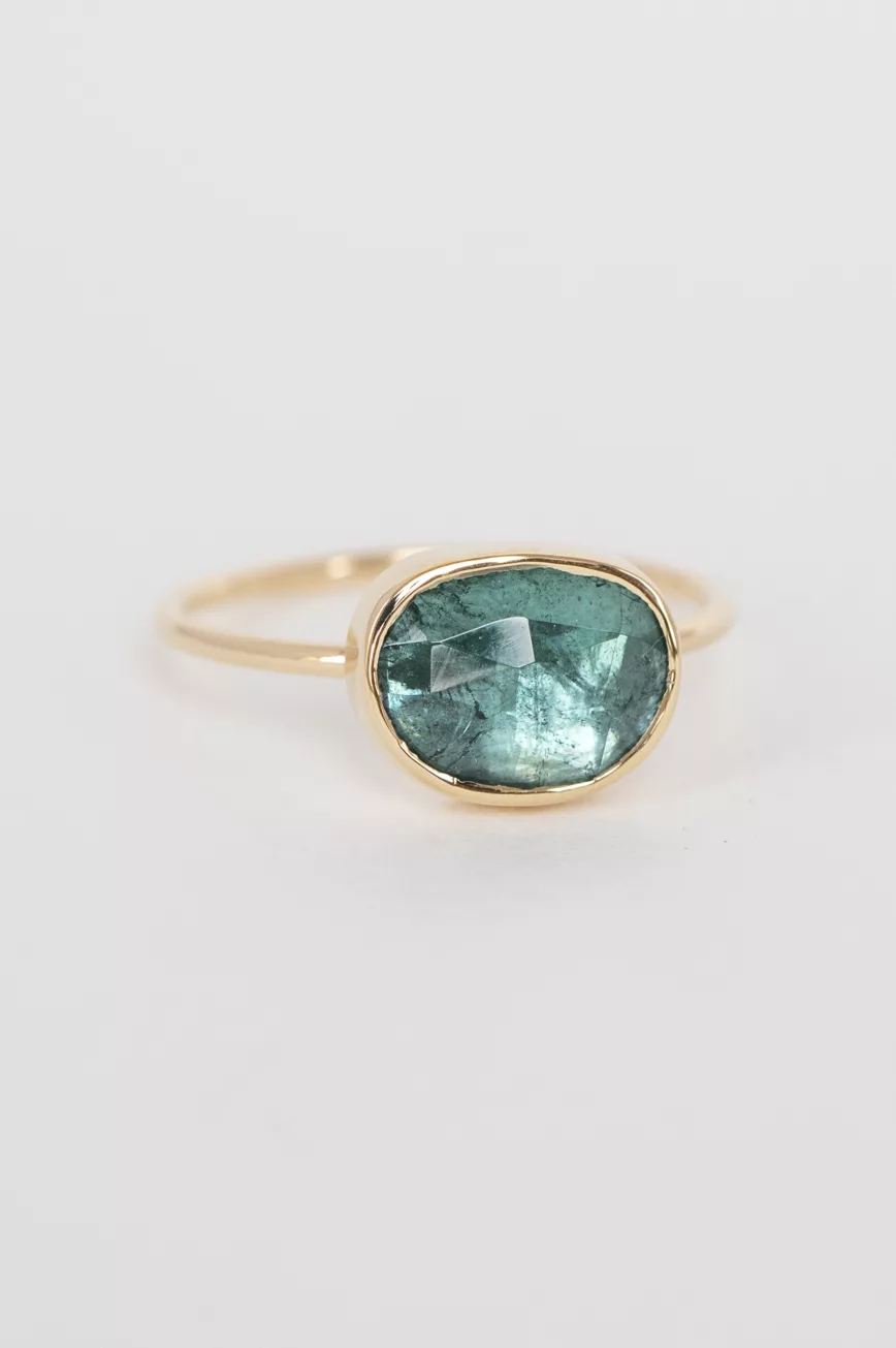 Yellow gold ring large oval turquoise tourmaline open bezel slim band Celine Daoust