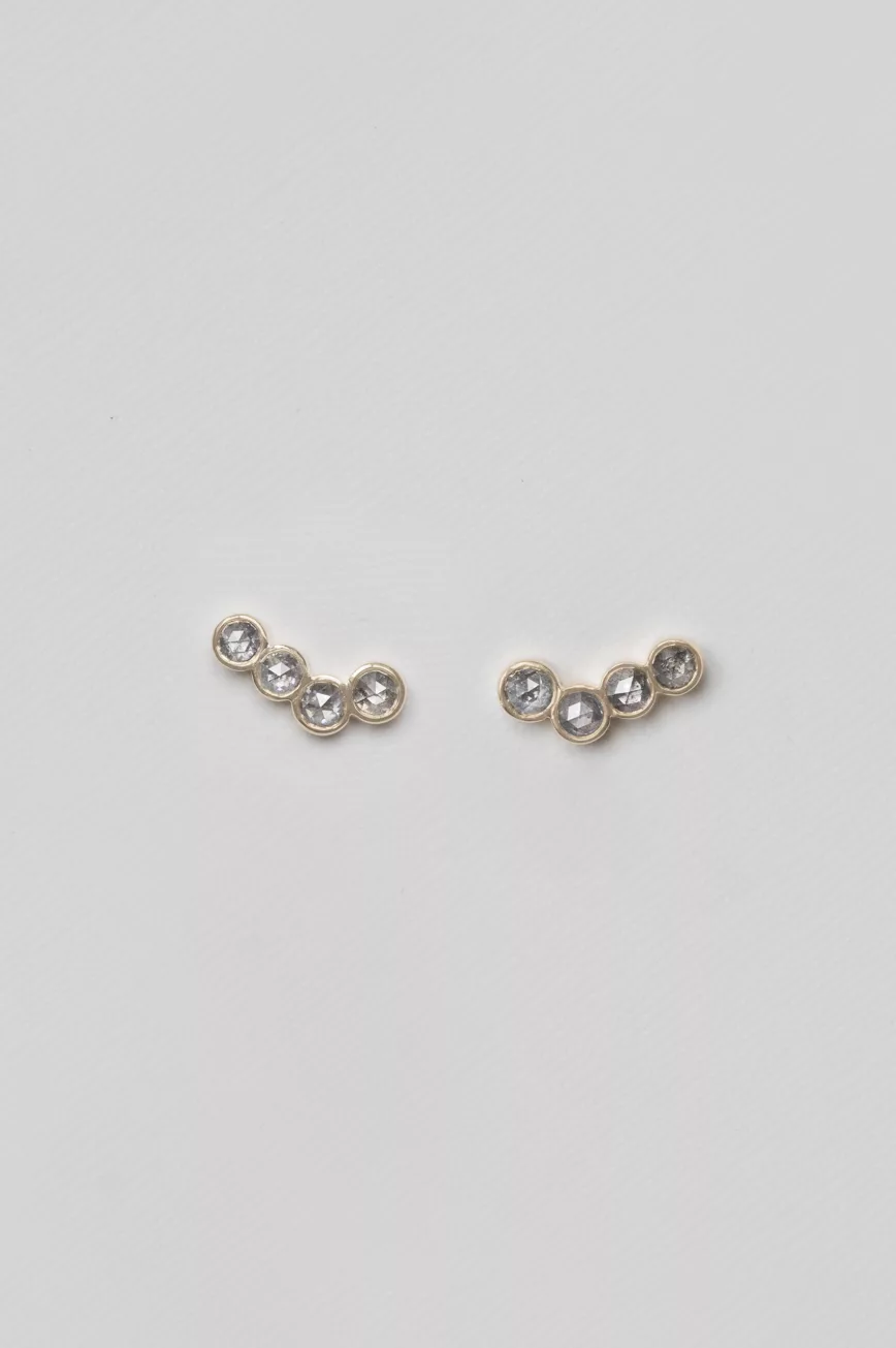 Yellow gold ear climber earrings four light grey diamonds pair Celine Daoust