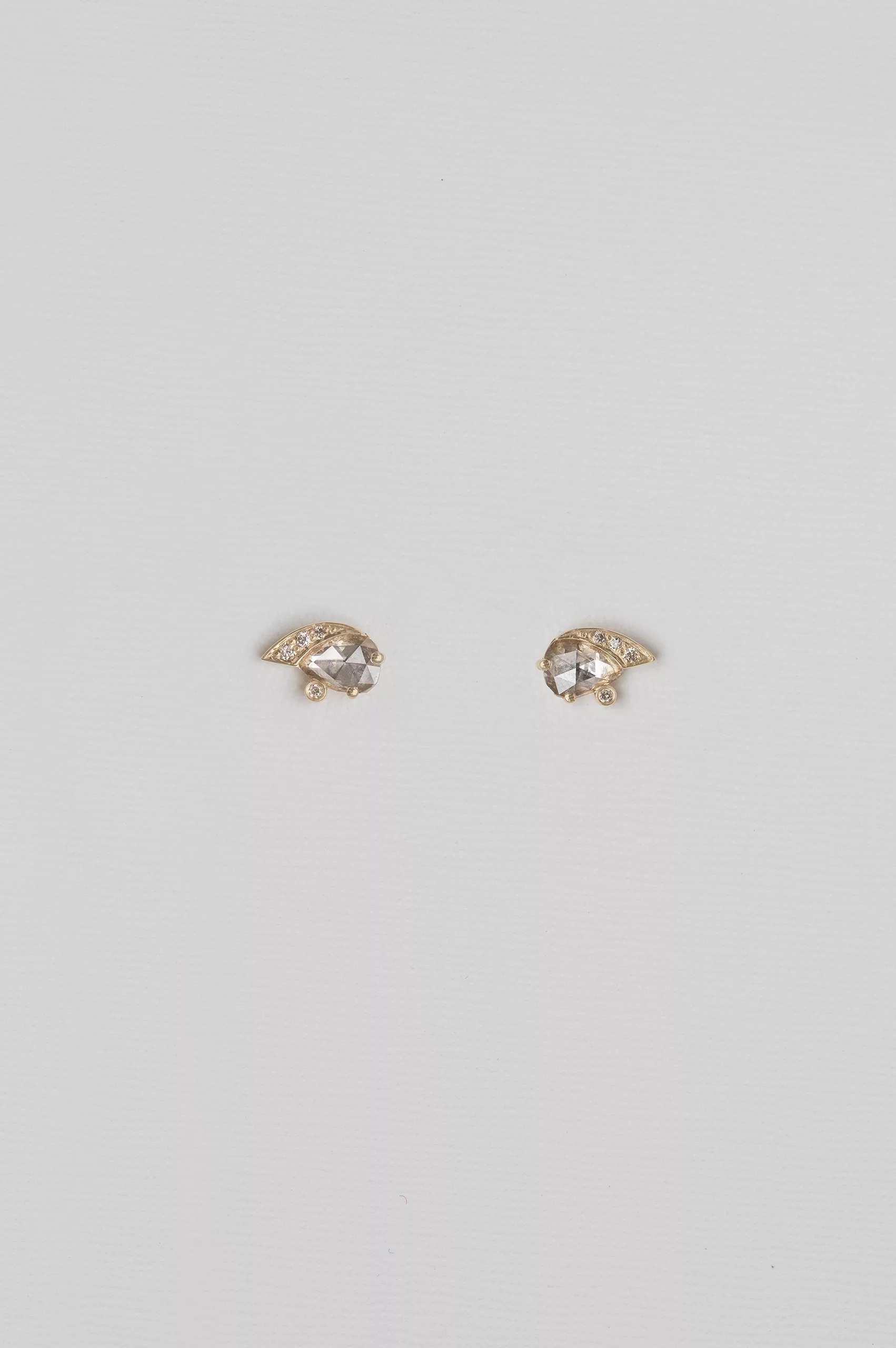 Yellow gold stud earrings pear grey diamond diamond eye motif pair Celine Daoust