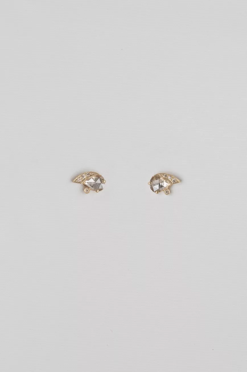Yellow gold stud earrings pear grey diamond diamond eye motif pair Celine Daoust