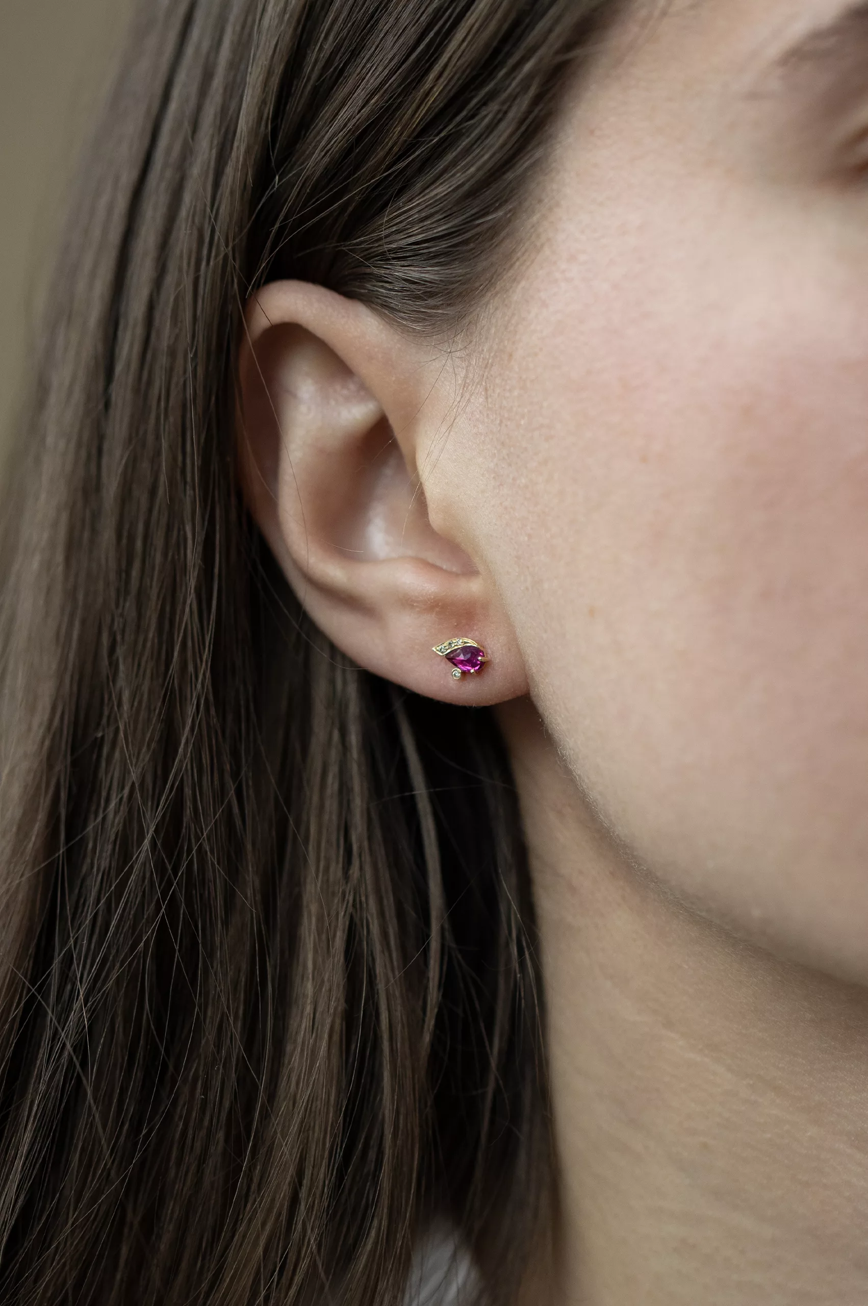Yellow gold stud earrings marquise pink ruby diamond eye motif pair Celine Daoust