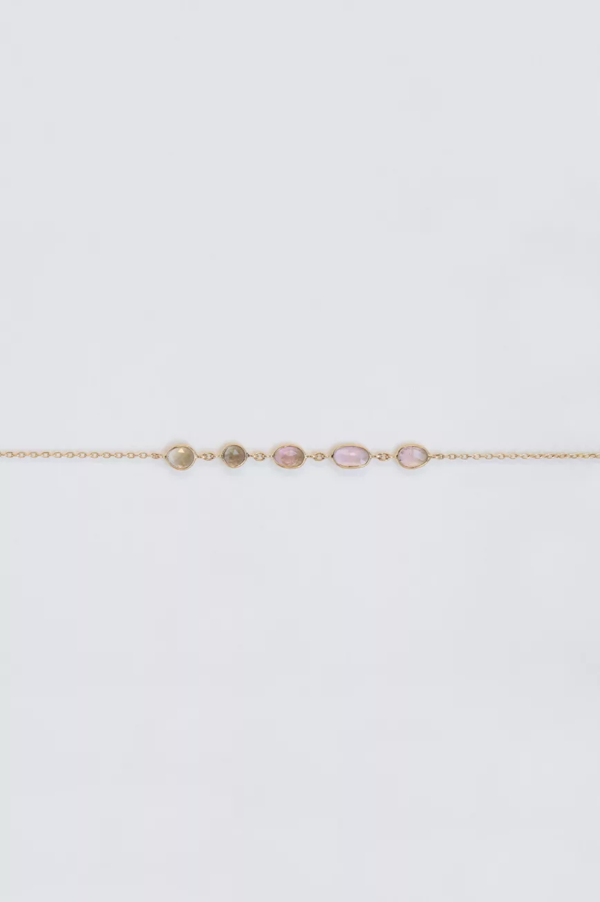 Yellow gold chain bracelet multiple oval pink tourmaline bezel stations Celine Daoust