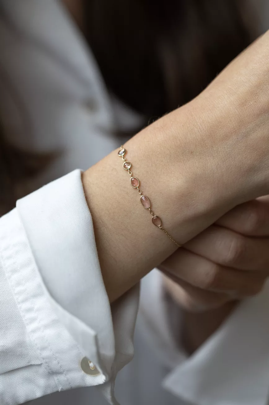 Yellow gold chain bracelet multiple oval pink tourmaline bezel stations Celine Daoust