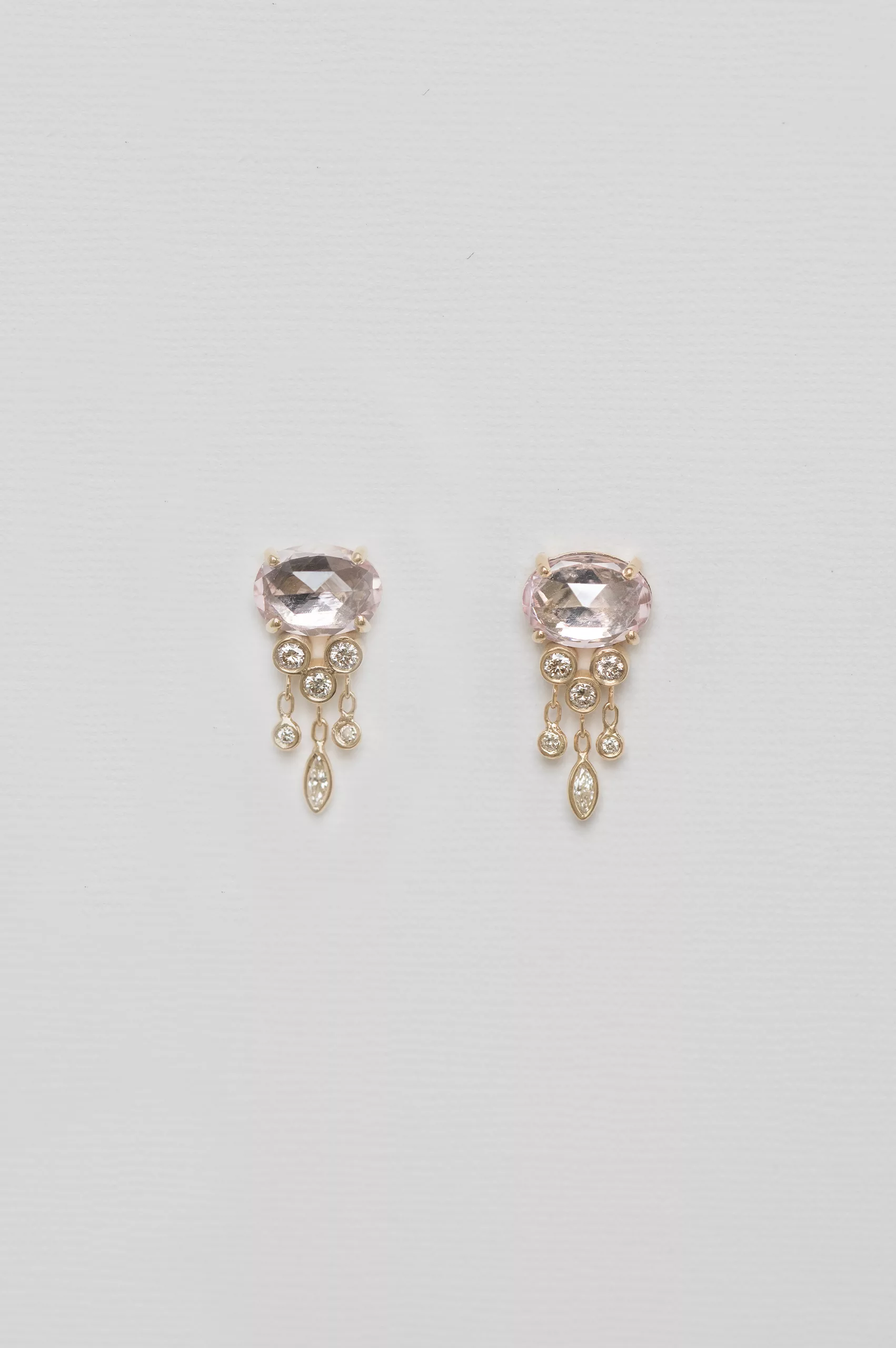 Yellow gold stud earrings oval pink tourmaline dangling diamond drops pair Celine Daoust
