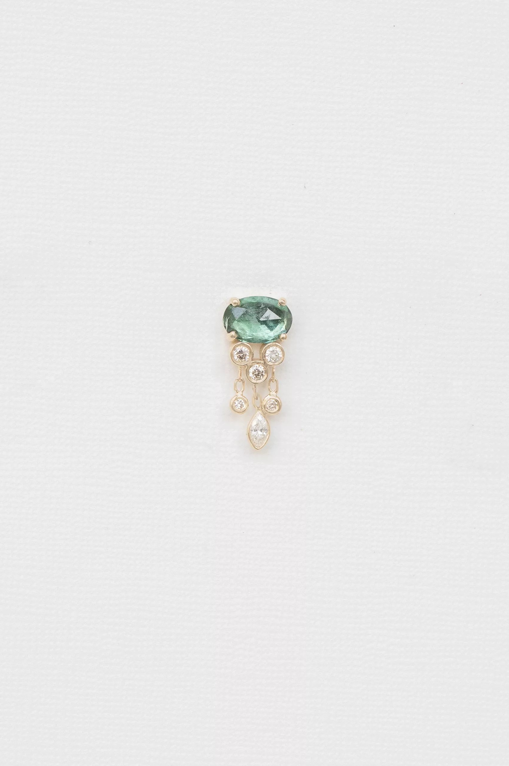 Yellow gold single stud earring oval green tourmaline dangling diamond drops Celine Daoust