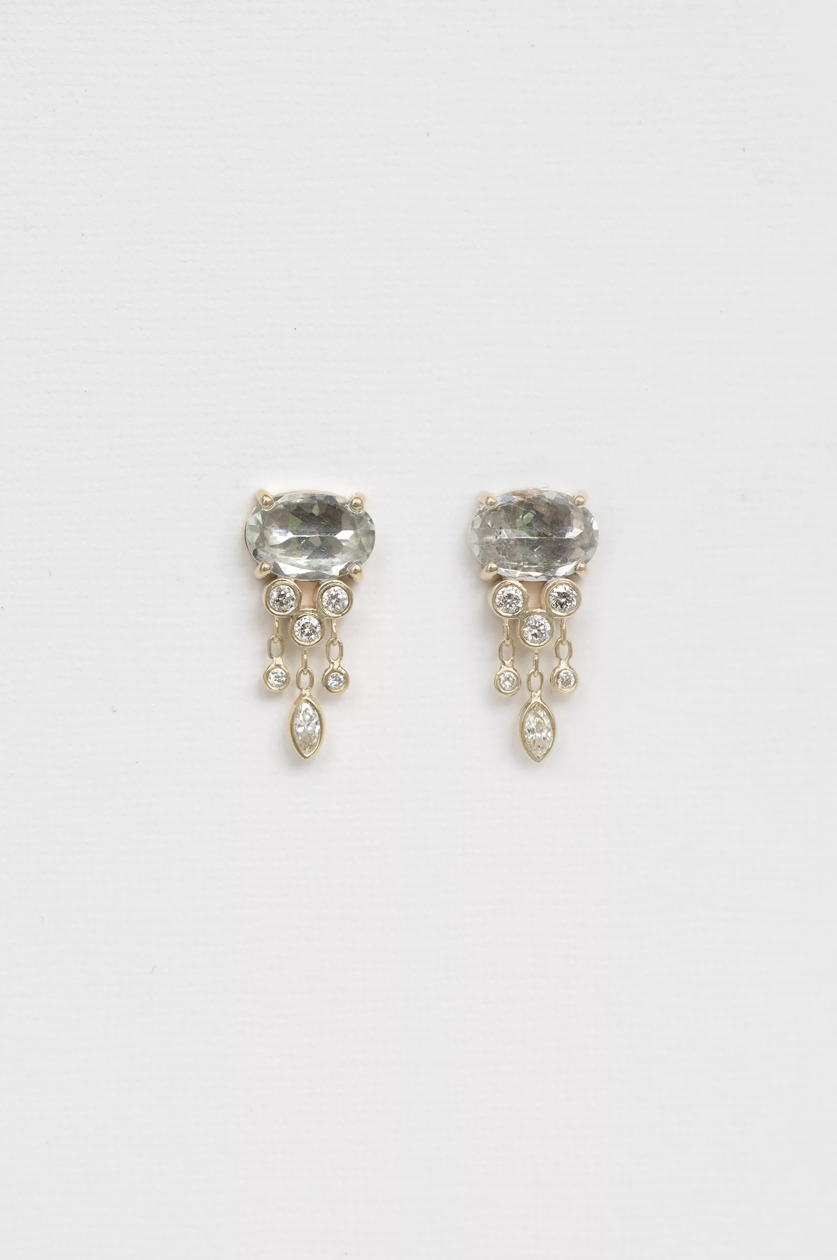 Yellow gold stud earrings oval crystal tourmaline dangling diamond drops pair Celine Daoust