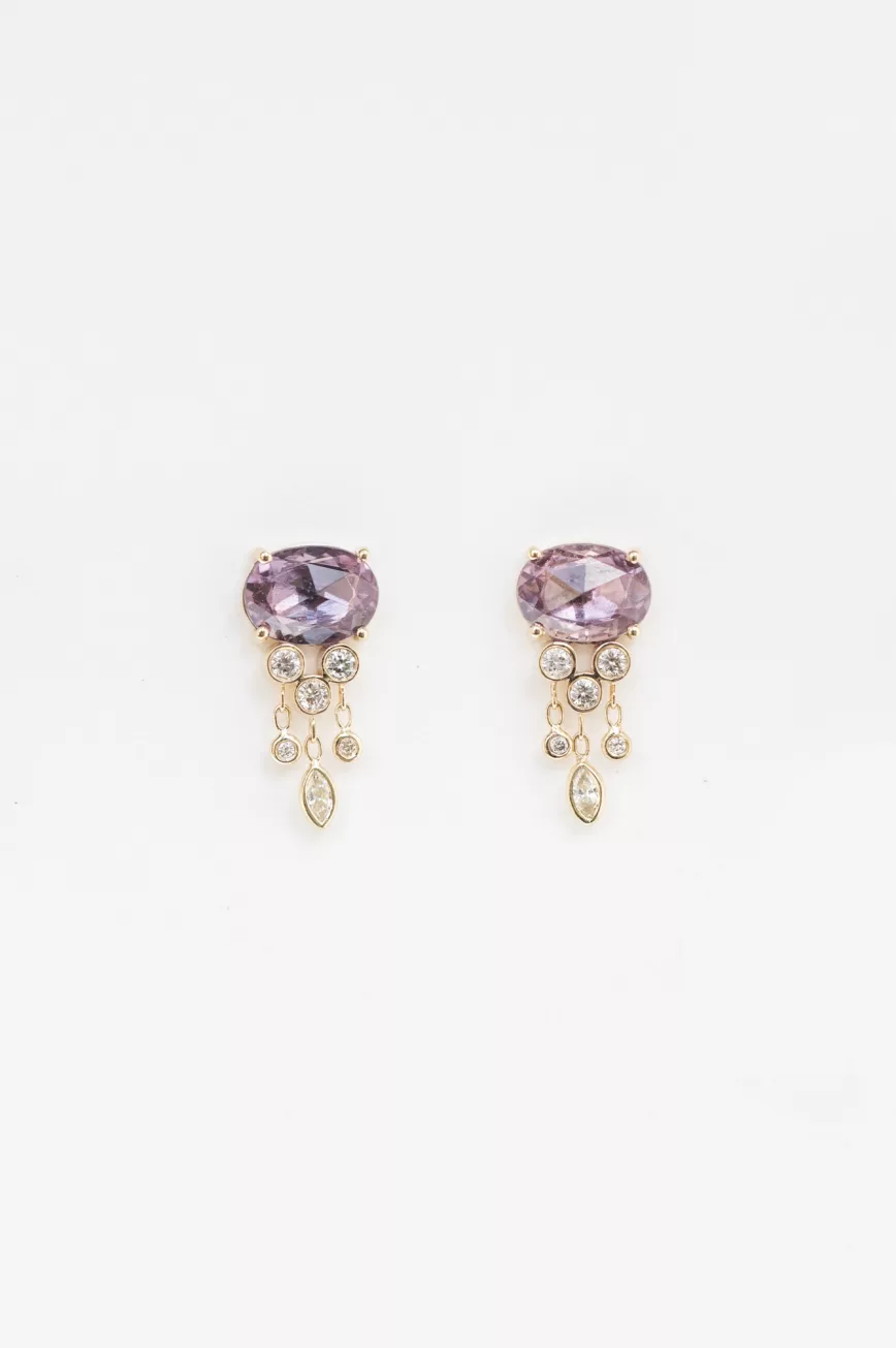 Yellow gold stud earrings oval pink sapphire dangling diamond drops pair Celine Daoust