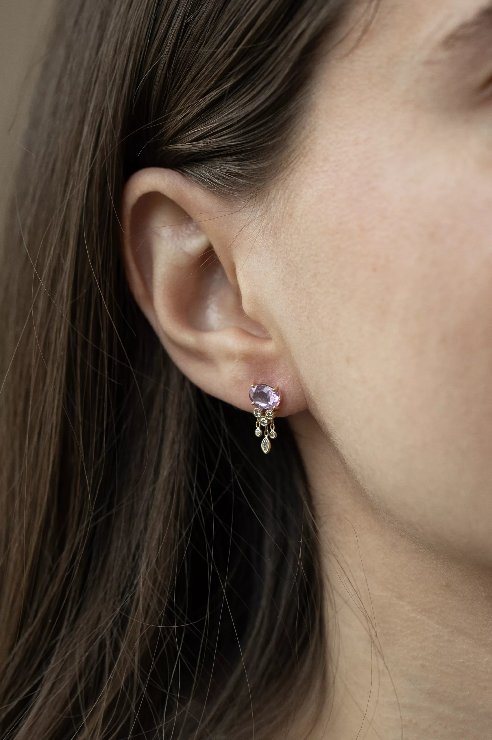 Yellow gold stud earrings oval pink sapphire dangling diamond drops pair Celine Daoust