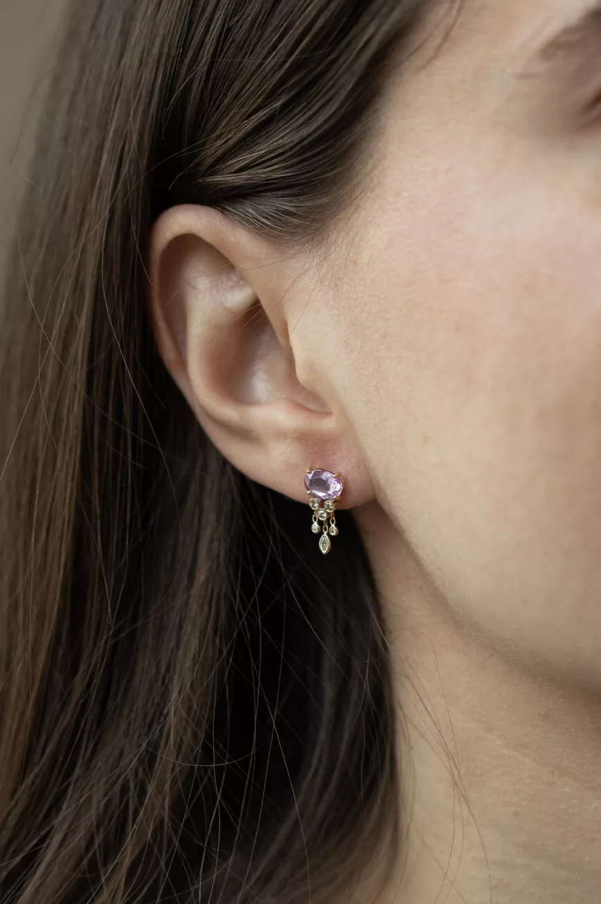 Yellow gold stud earrings oval pink sapphire dangling diamond drops pair Celine Daoust