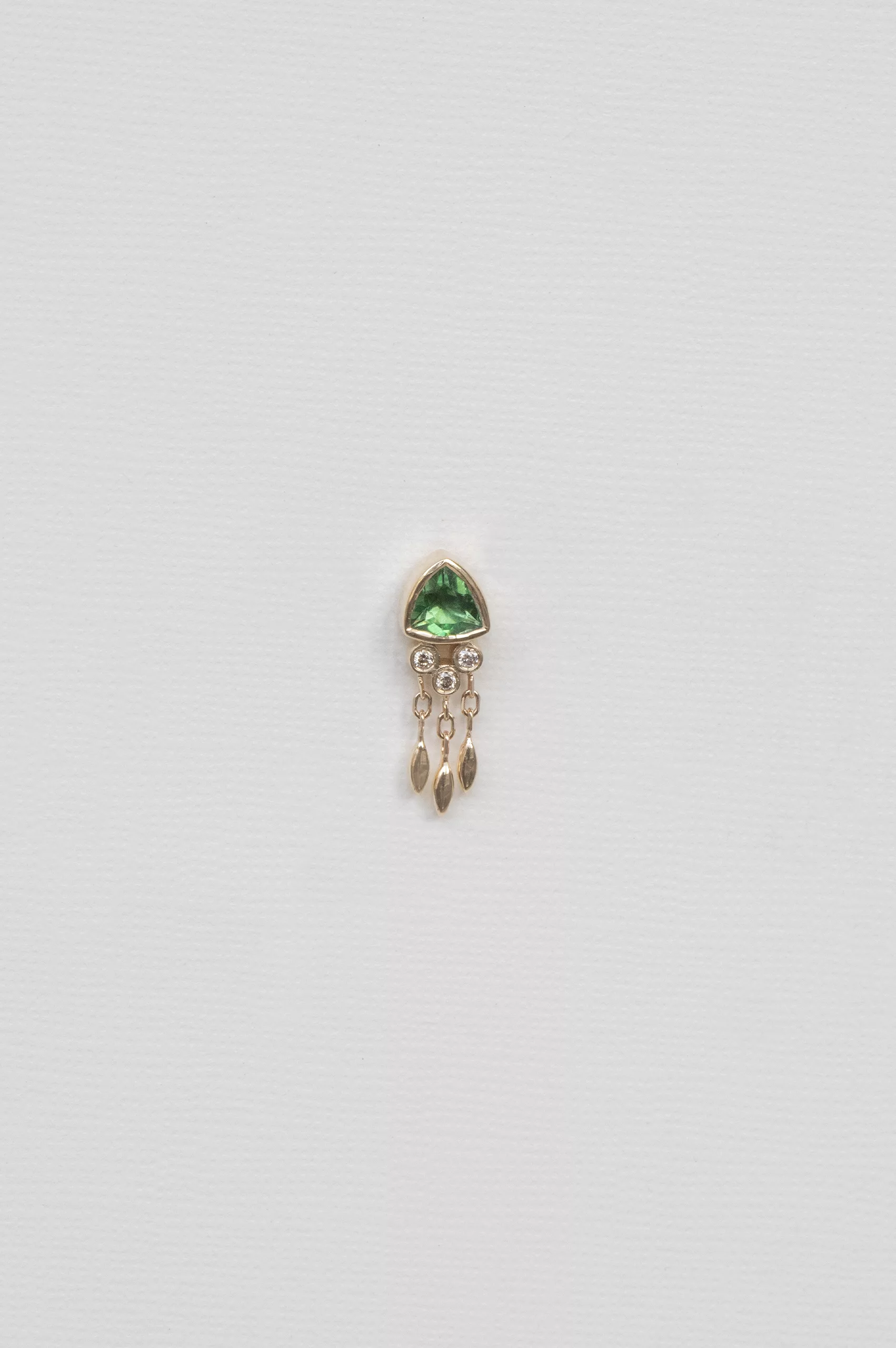 Yellow gold single stud earring trillion green tourmaline dangling diamond drops Celine Daoust