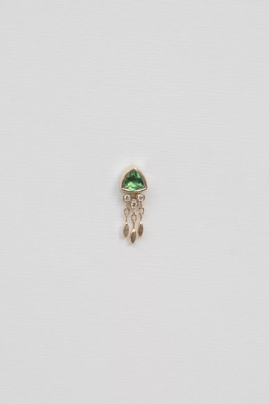 Yellow gold single stud earring trillion green tourmaline dangling diamond drops Celine Daoust