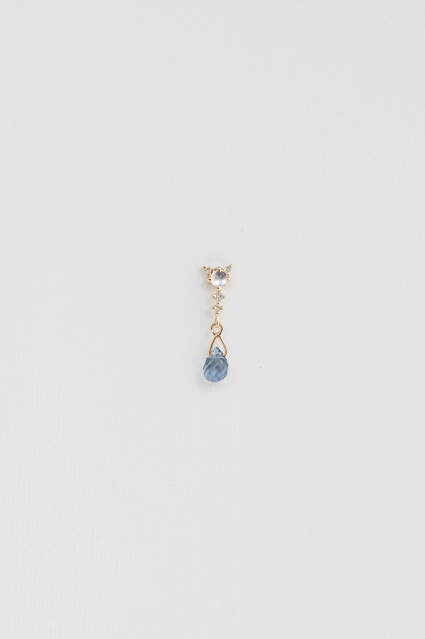Yellow gold single drop earring light blue tourmaline moonstone diamond Celine Daoust