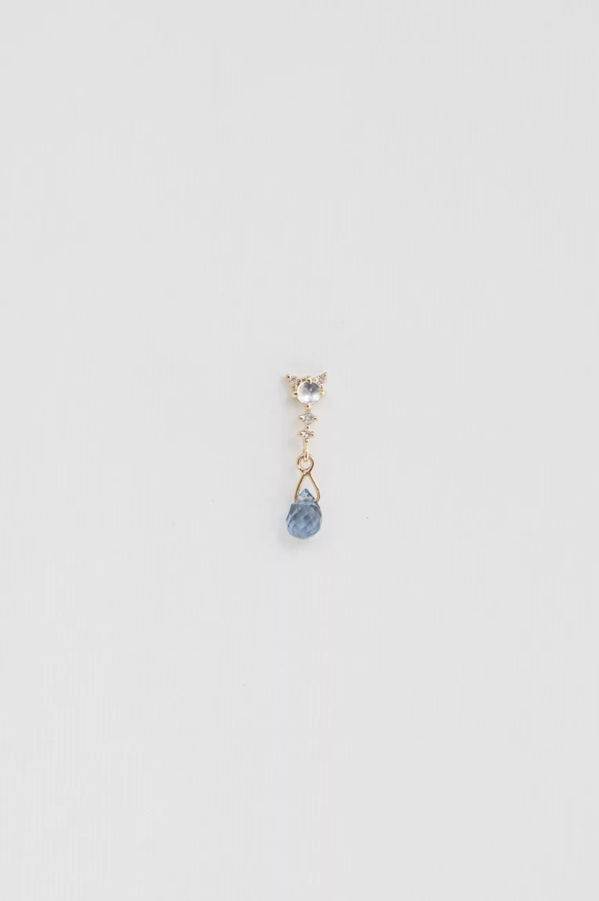 Yellow gold single drop earring light blue tourmaline moonstone diamond Celine Daoust