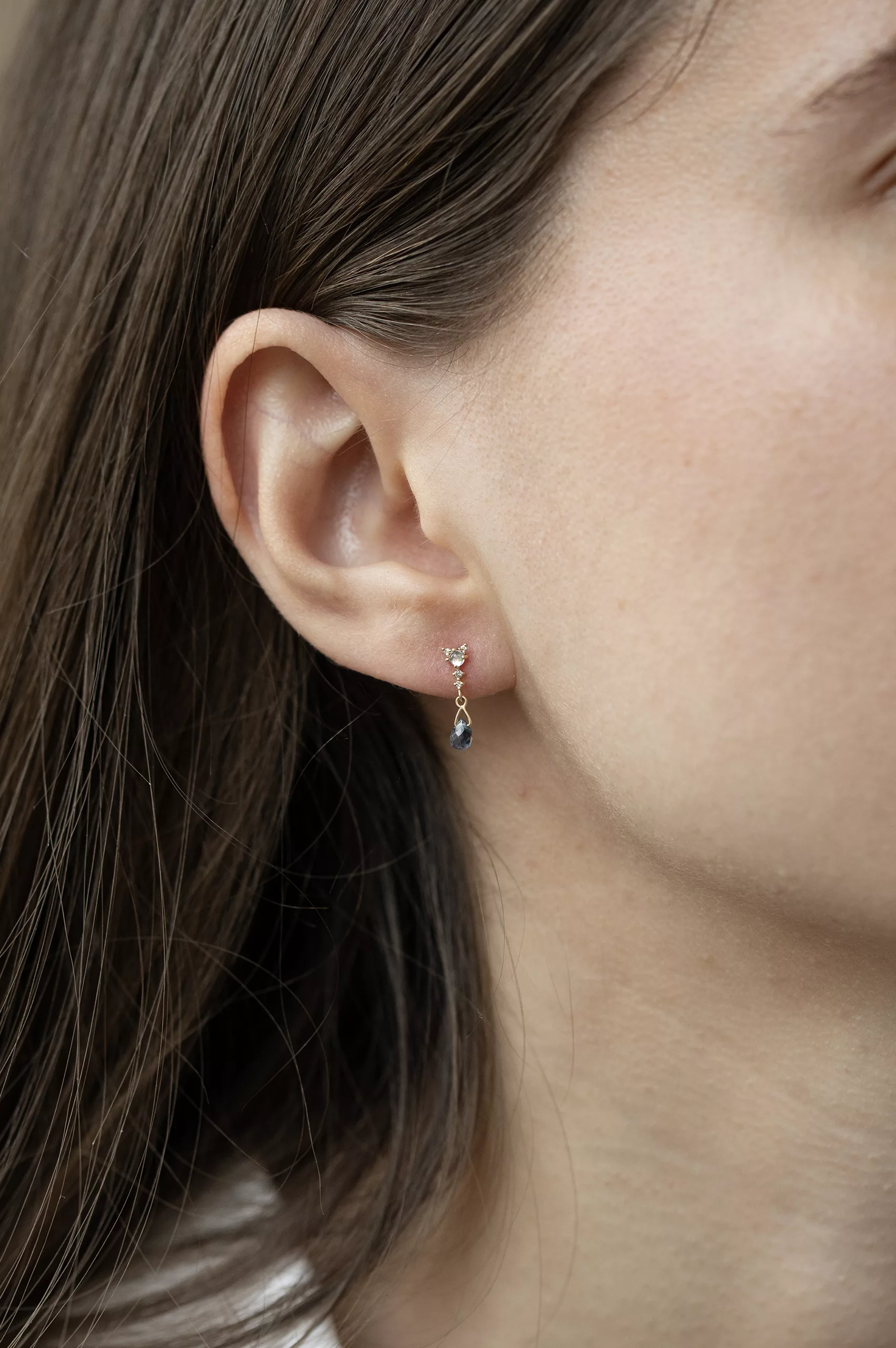 Yellow gold single drop earring light blue tourmaline moonstone diamond Celine Daoust