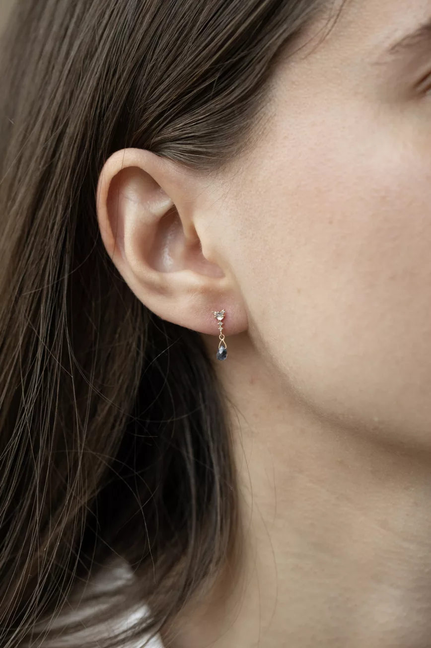 Yellow gold single drop earring light blue tourmaline moonstone diamond Celine Daoust