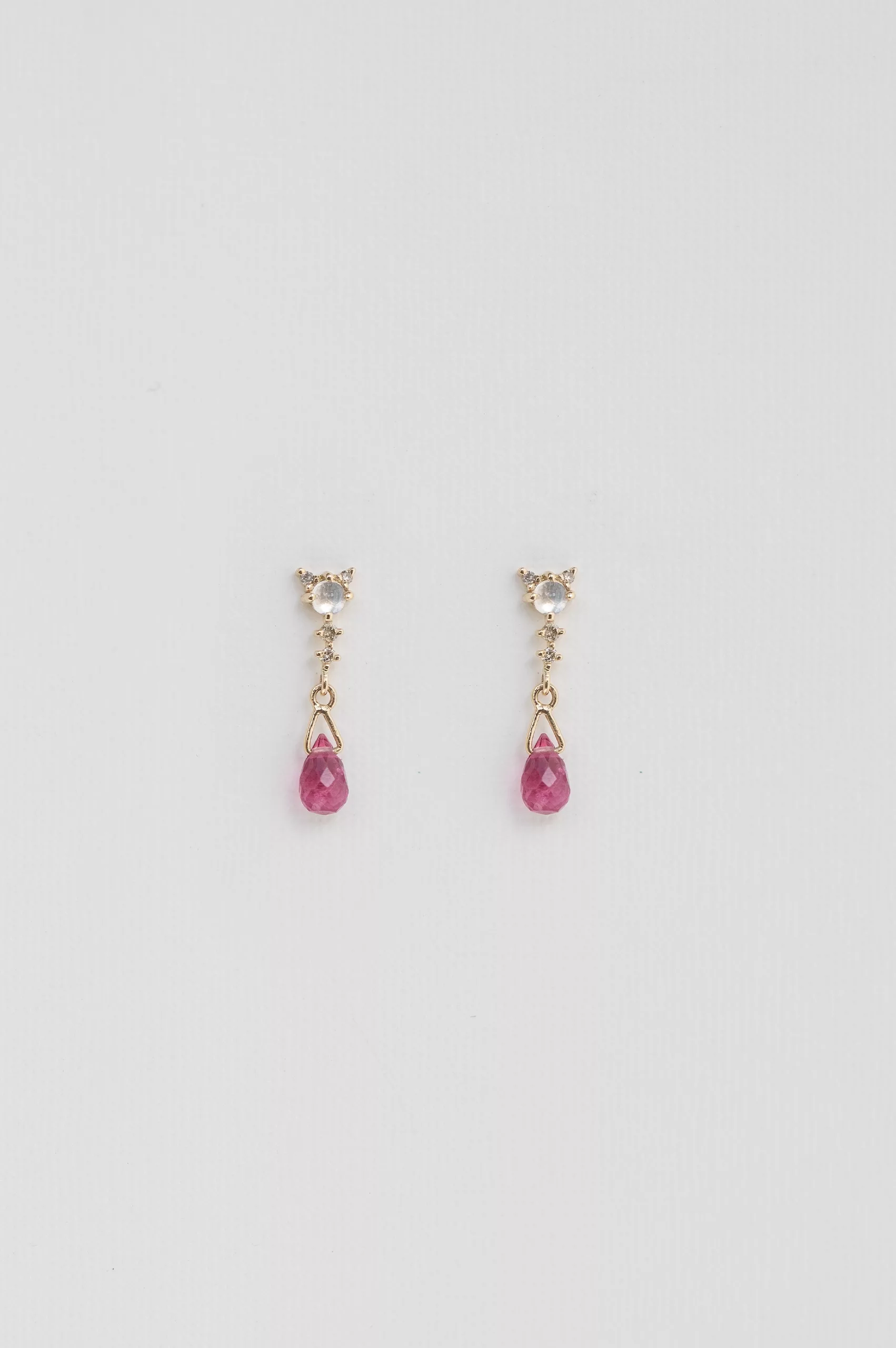 Yellow gold drop earrings diamond moonstone pear fuchsia tourmaline drop pair Celine Daoust