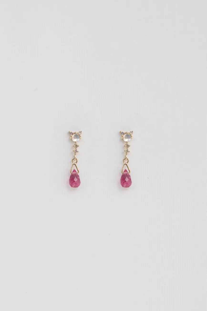 Yellow gold drop earrings diamond moonstone pear fuchsia tourmaline drop pair Celine Daoust
