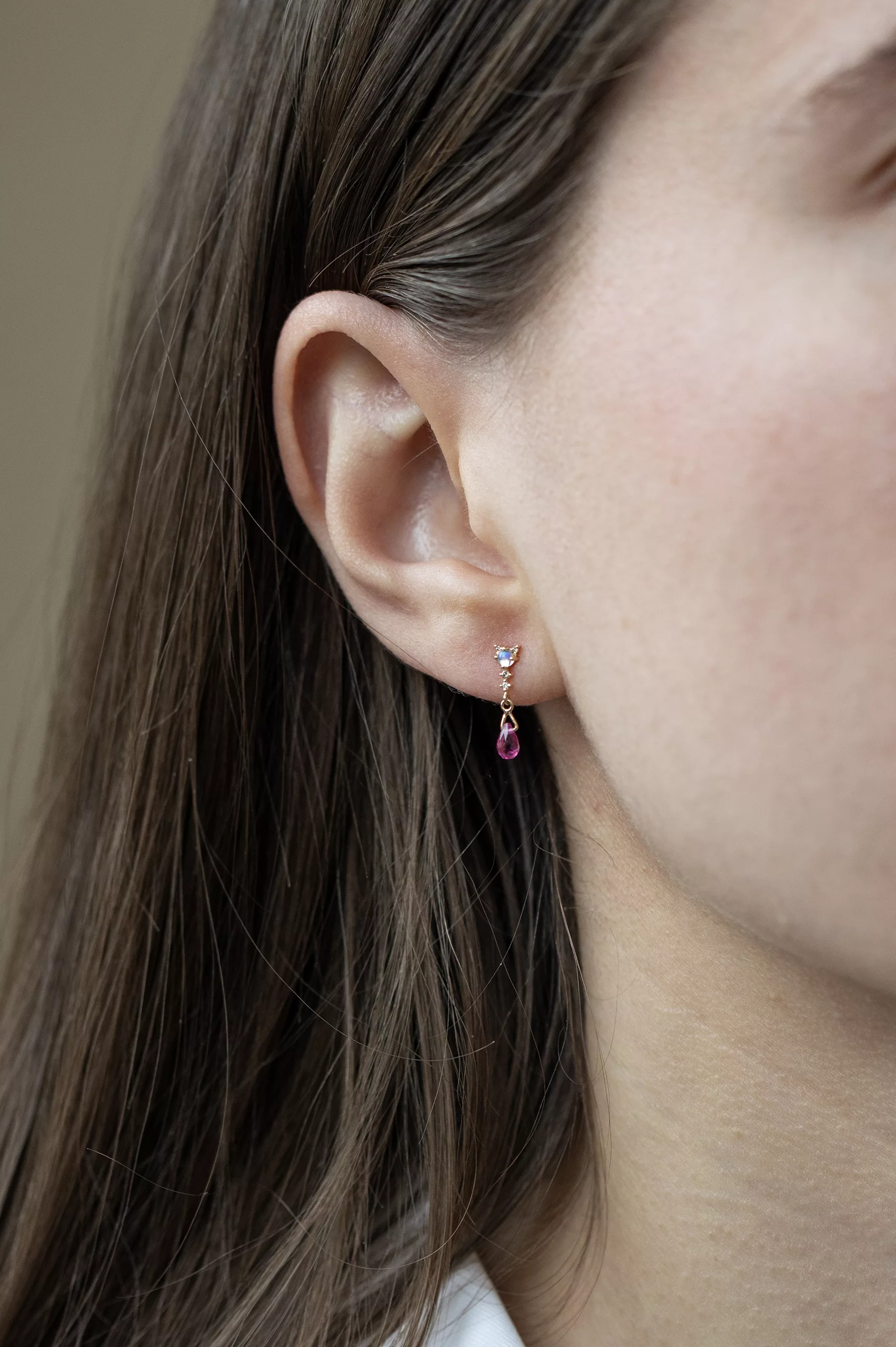 Yellow gold drop earrings diamond moonstone pear fuchsia tourmaline drop pair Celine Daoust