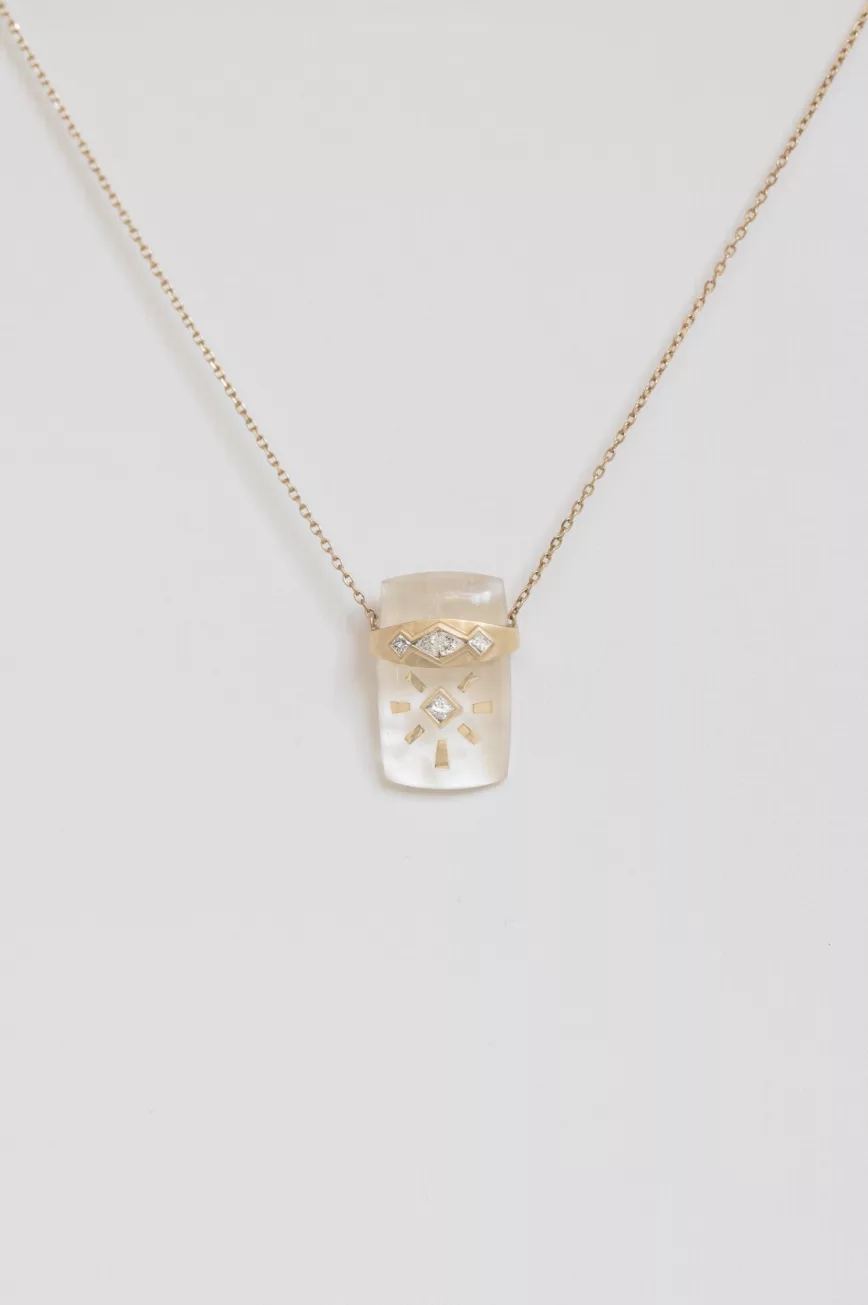 Gold necklace carved crystal quartz sun pendant diamond accents Céline Daoust
