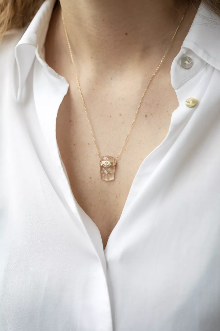 Gold necklace carved crystal quartz sun pendant diamond accents Céline Daoust