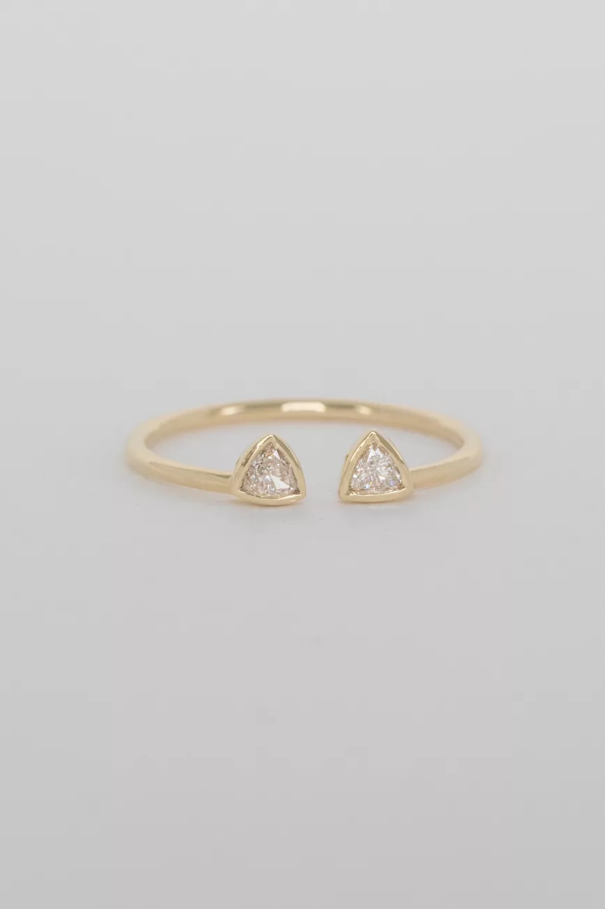 Gold open ring two triangle-cut diamonds cat ear motif Celine Daoust