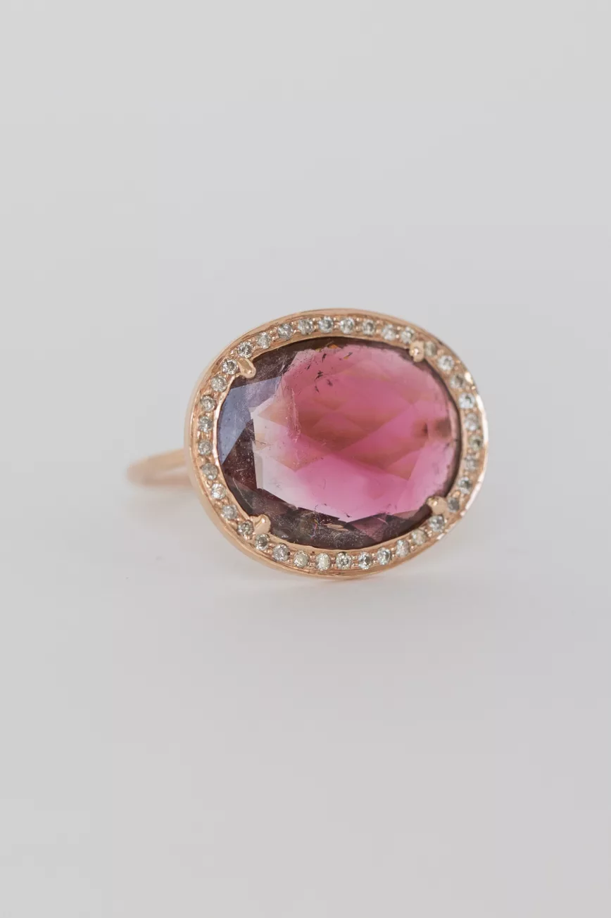 Rose gold ring oval pink tourmaline pavé diamond halo worn on hand Celine Daoust