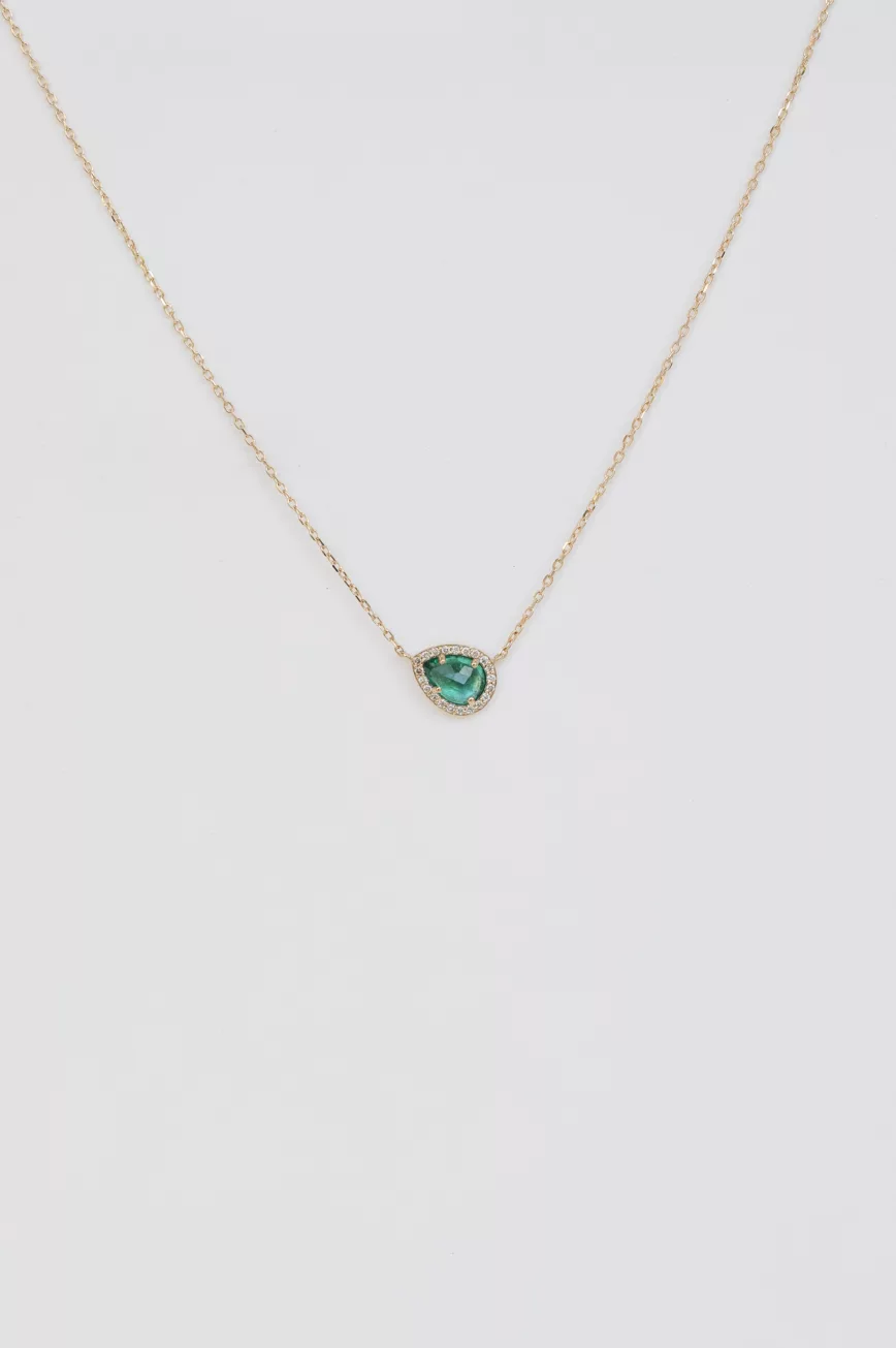 Yellow gold necklace oval emerald bezel pendant pavé diamond accent chain Celine Daoust