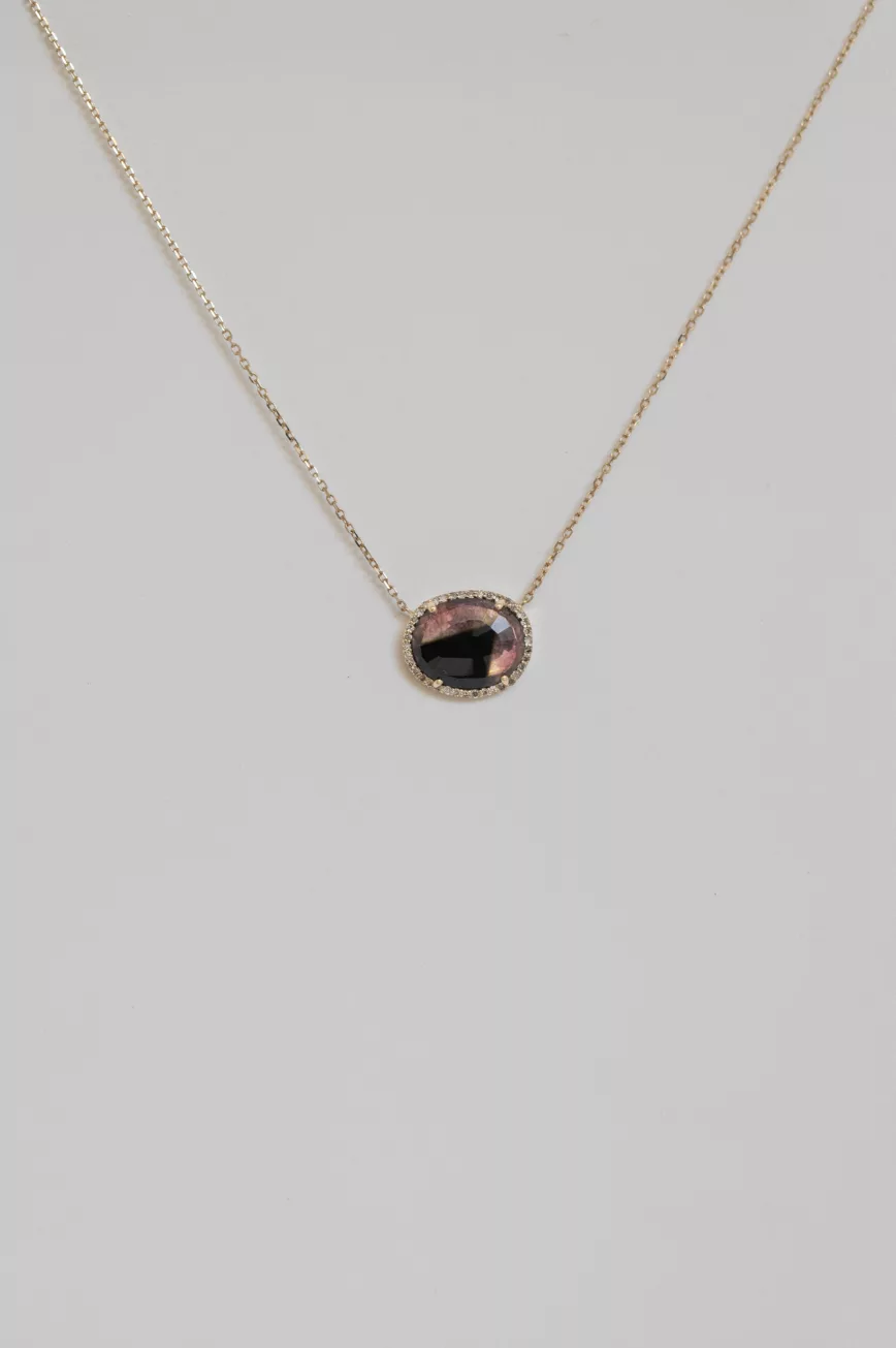 Yellow gold necklace oval watermelon tourmaline pavé diamond halo pendant chain Celine Daoust
