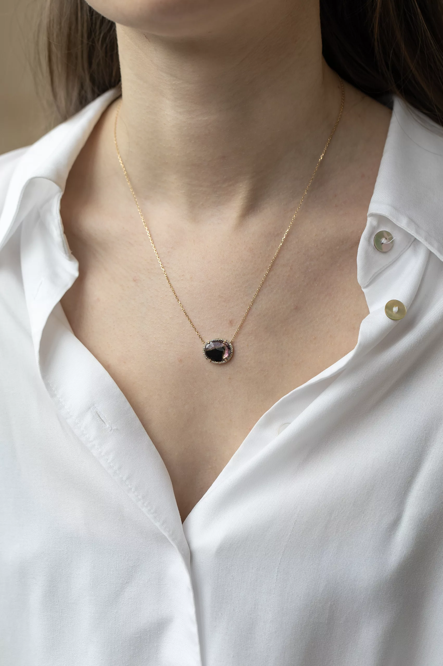 Yellow gold necklace oval watermelon tourmaline pavé diamond halo pendant chain Celine Daoust