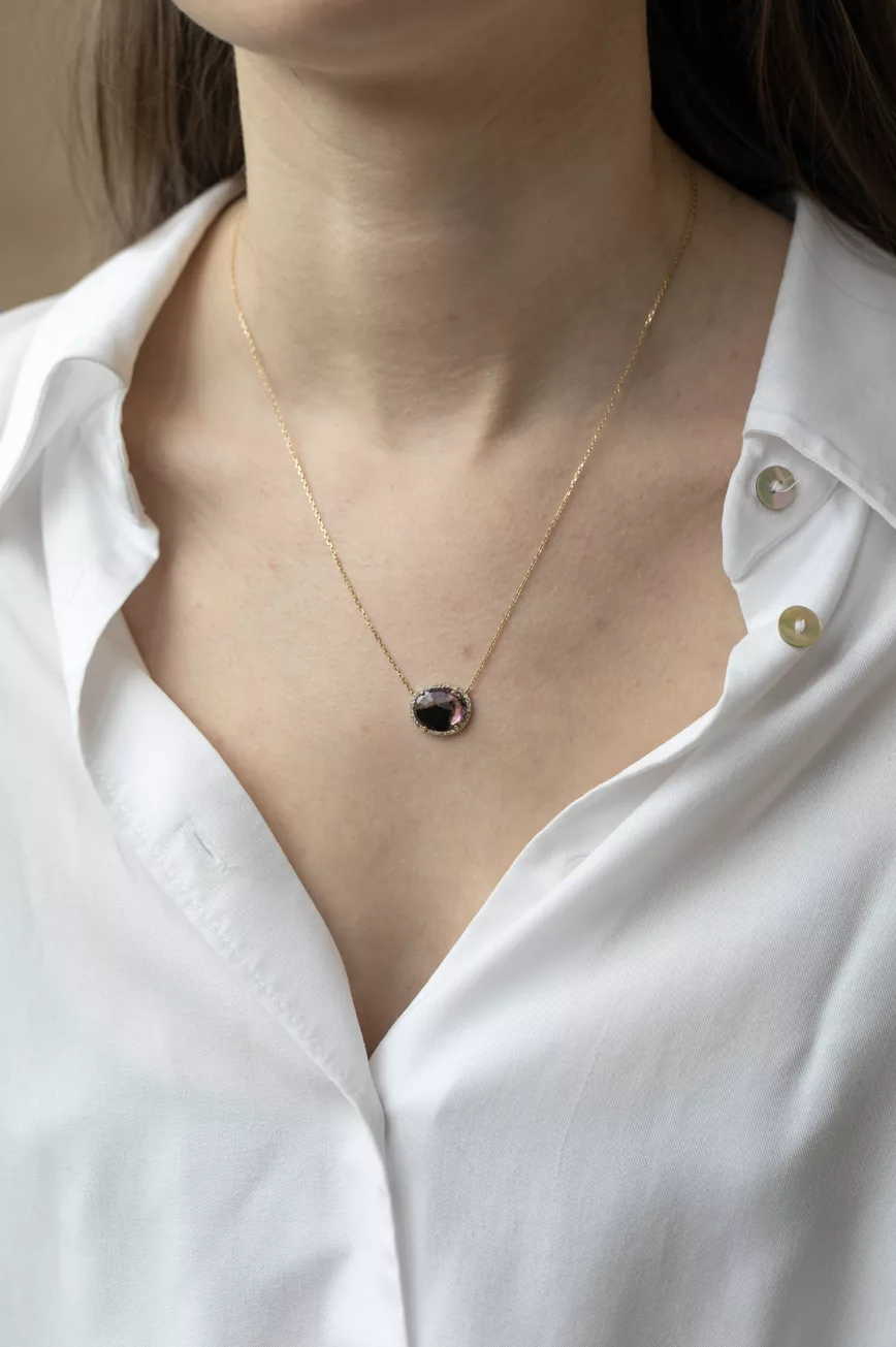Yellow gold necklace oval watermelon tourmaline pavé diamond halo pendant chain Celine Daoust