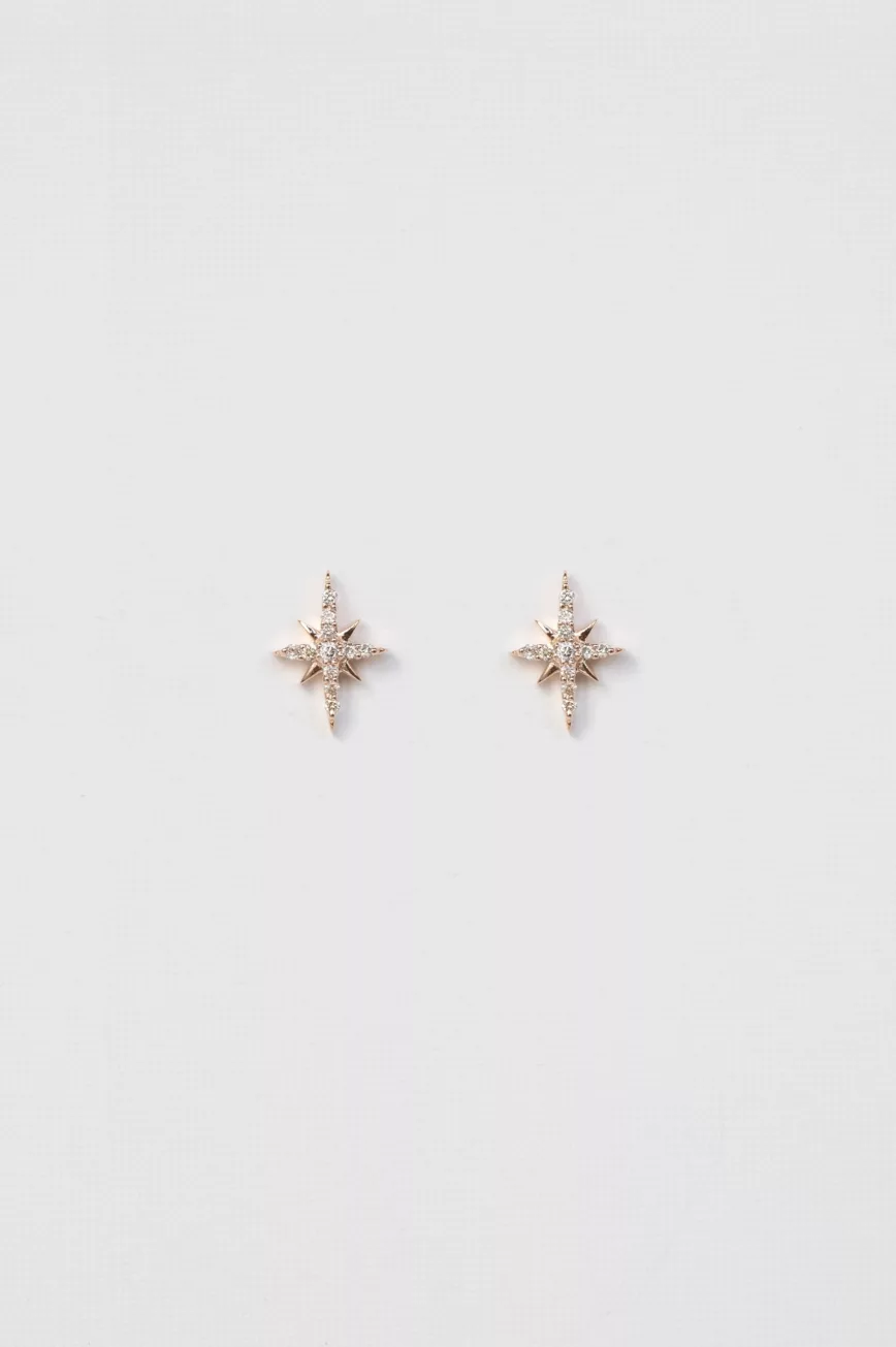 rose gold stud earrings each featuring an eight-pointed north star set with round brilliant diamonds at the center