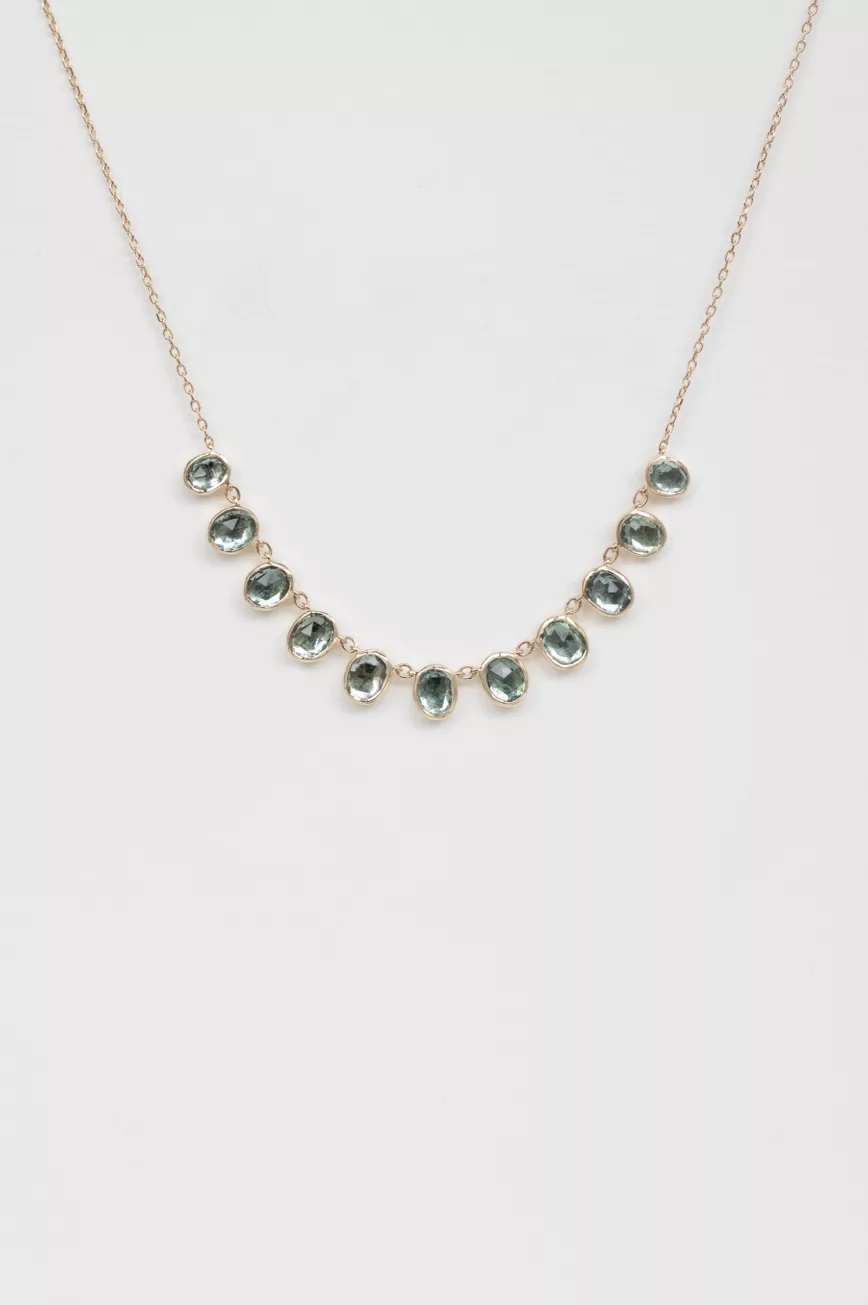 Yellow gold necklace multiple oval blue tourmaline bezel drops curved chain Celine Daoust
