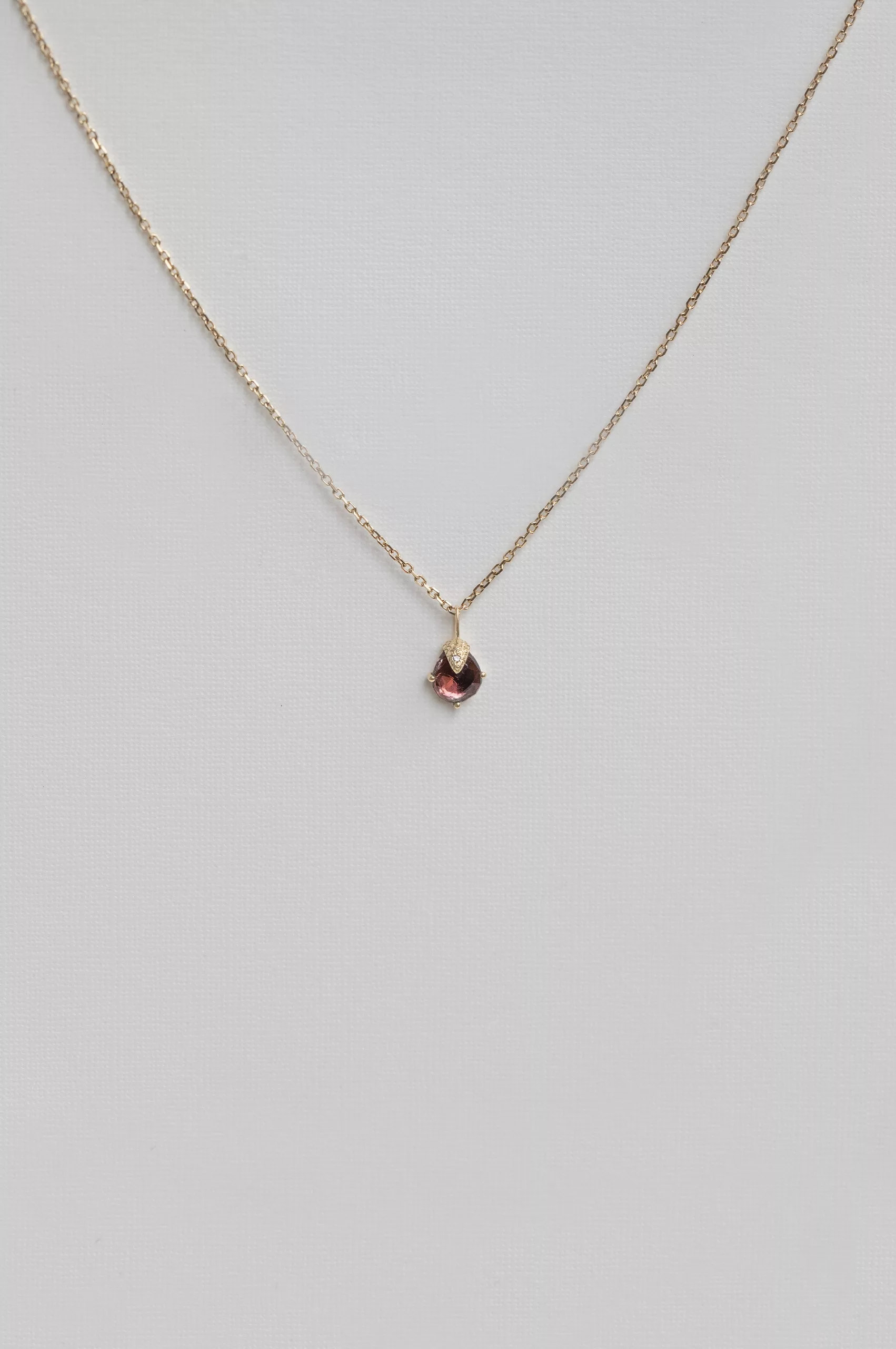 Yellow gold necklace pear pink tourmaline claw setting pendant delicate chain Celine Daoust