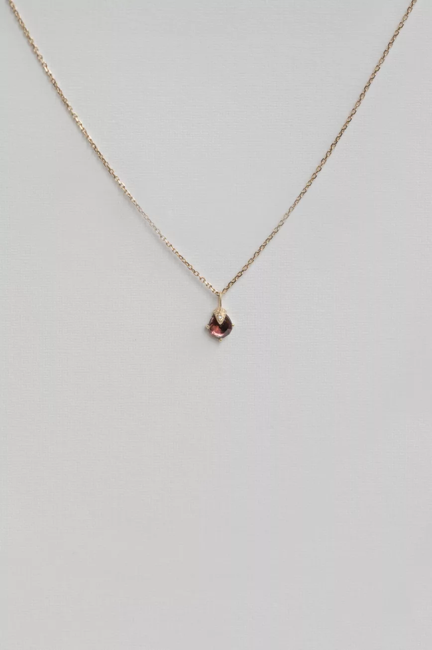 Yellow gold necklace pear pink tourmaline claw setting pendant delicate chain Celine Daoust