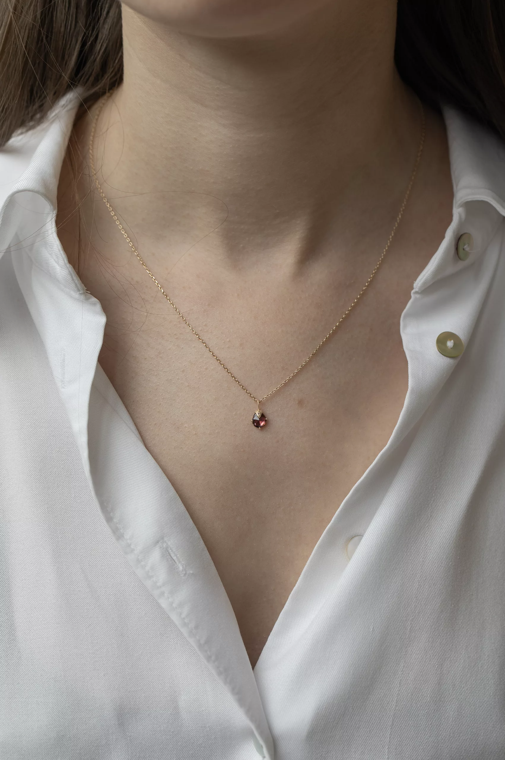 Yellow gold necklace pear pink tourmaline claw setting pendant delicate chain Celine Daoust