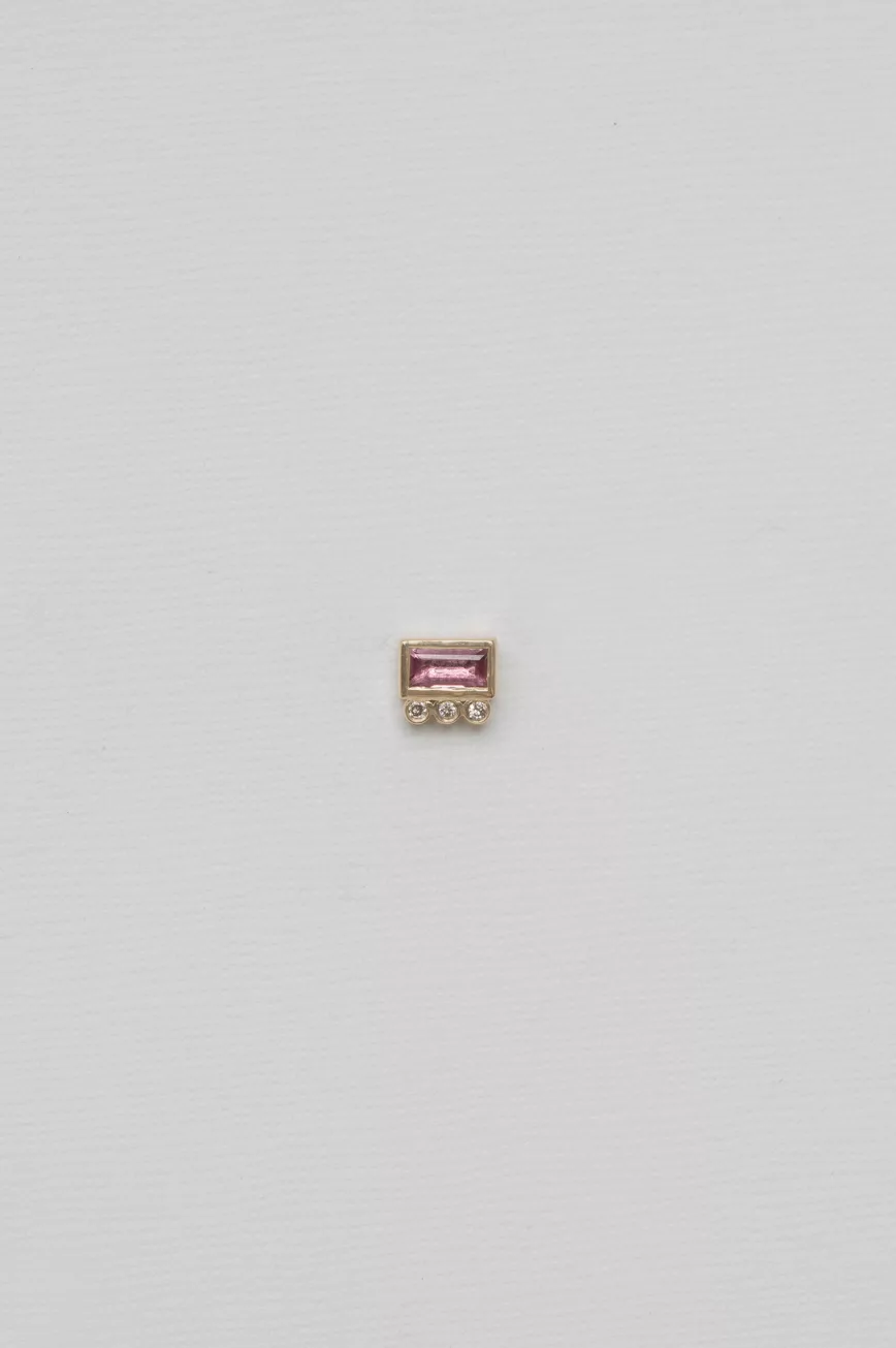 Yellow gold flat back piercing baguette pink tourmaline diamond accent Celine Daoust