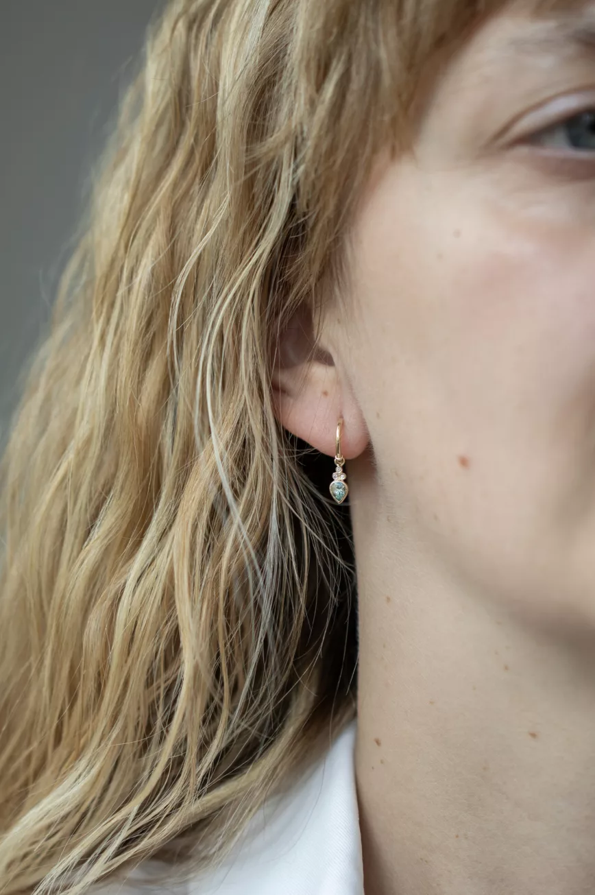 Gold hoop earrings pear blue tourmaline drop diamond accent Céline Daoust