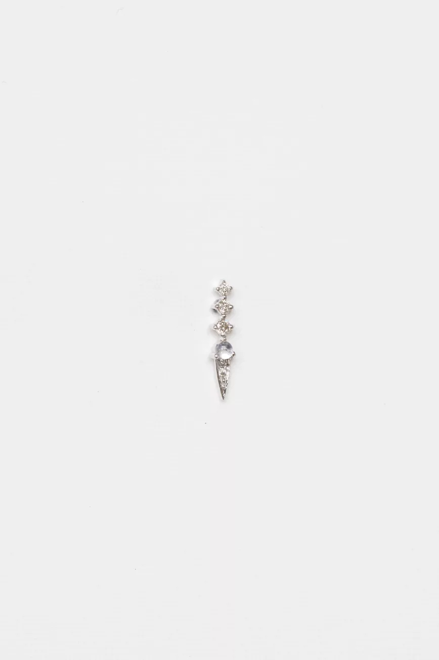 white gold single drop earring featuring a small round moonstone cabochon set in gold with two descending diamond accents, delicate and asymmetric
