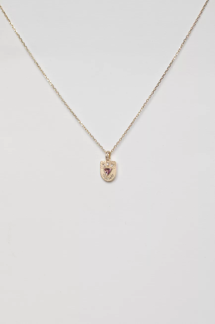 Yellow gold necklace small shield pendant pink tourmaline diamond totem motif Celine Daoust